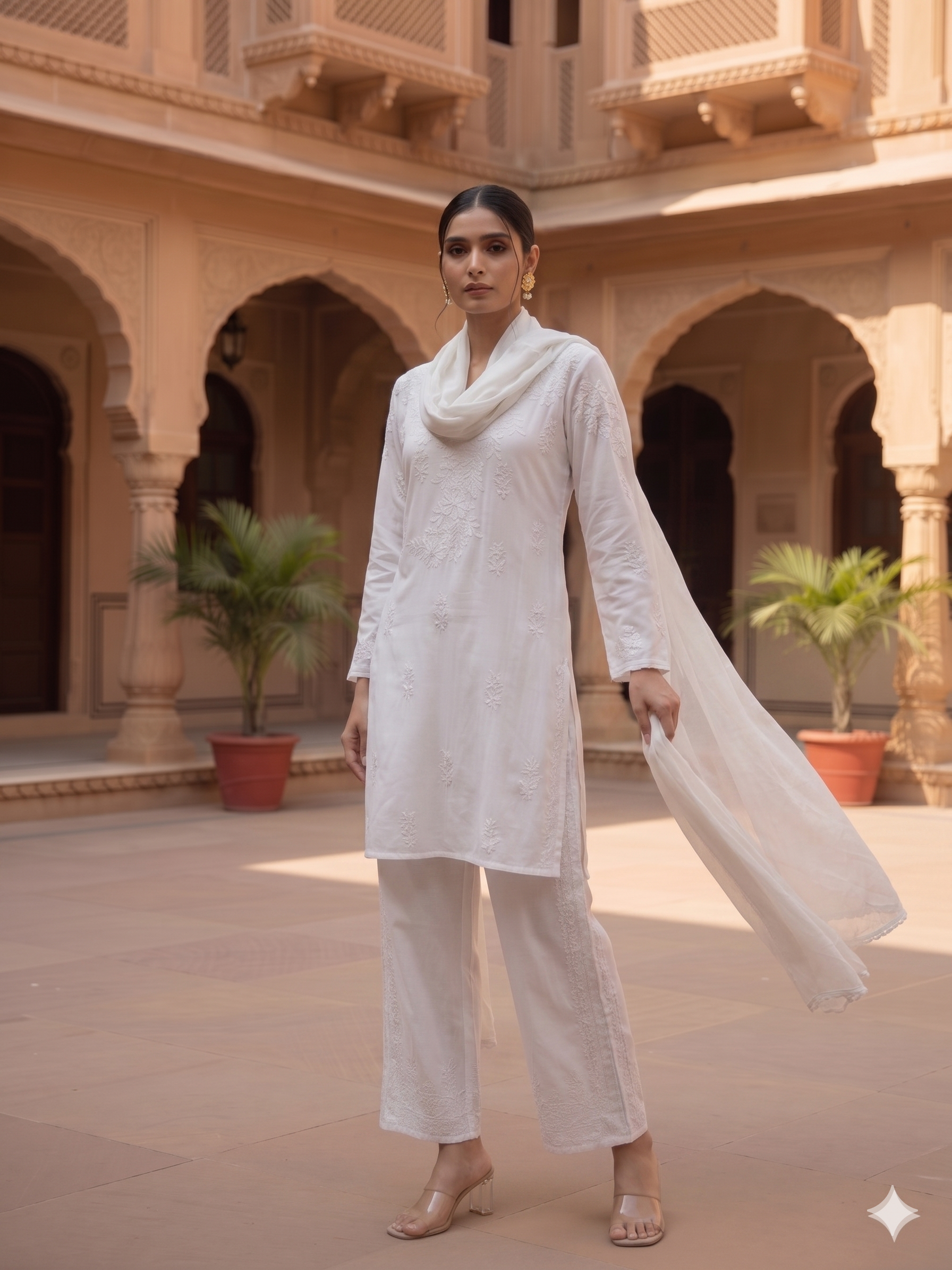 Elegant White Chikankari Hand Embroidered Co-ord Set - SHILVIKA