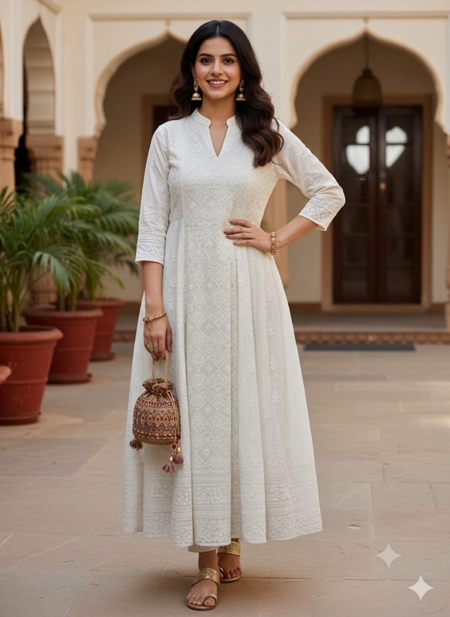 Handcrafted Ivory and White Chanderi Lucknowi Anarkali Dress with Chanderi Pants and  Dupatta