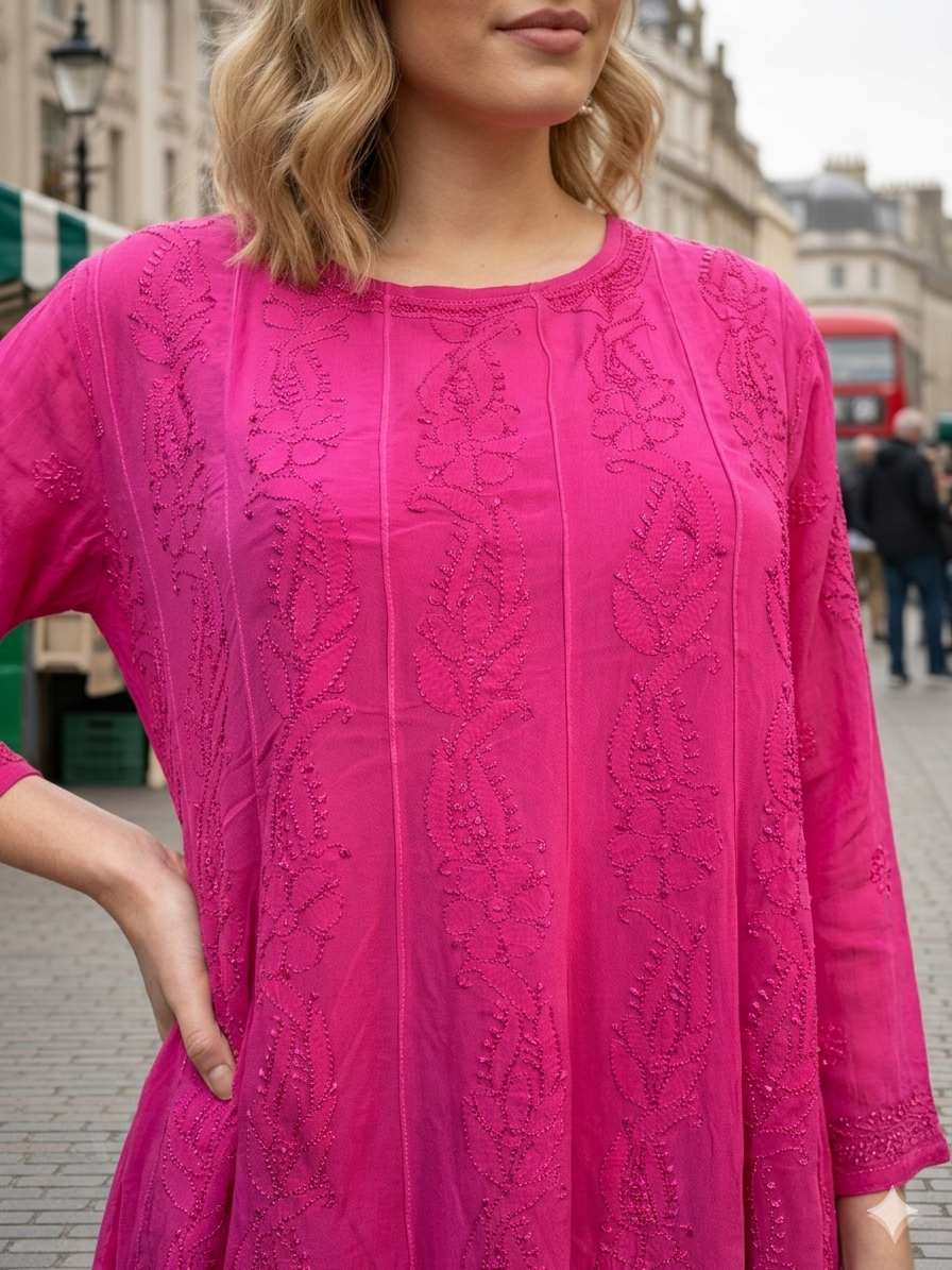 Vibrant Chikankari Embroidered Short Anarkali Dress with Floral Motifs in Magenta - SHILVIKA