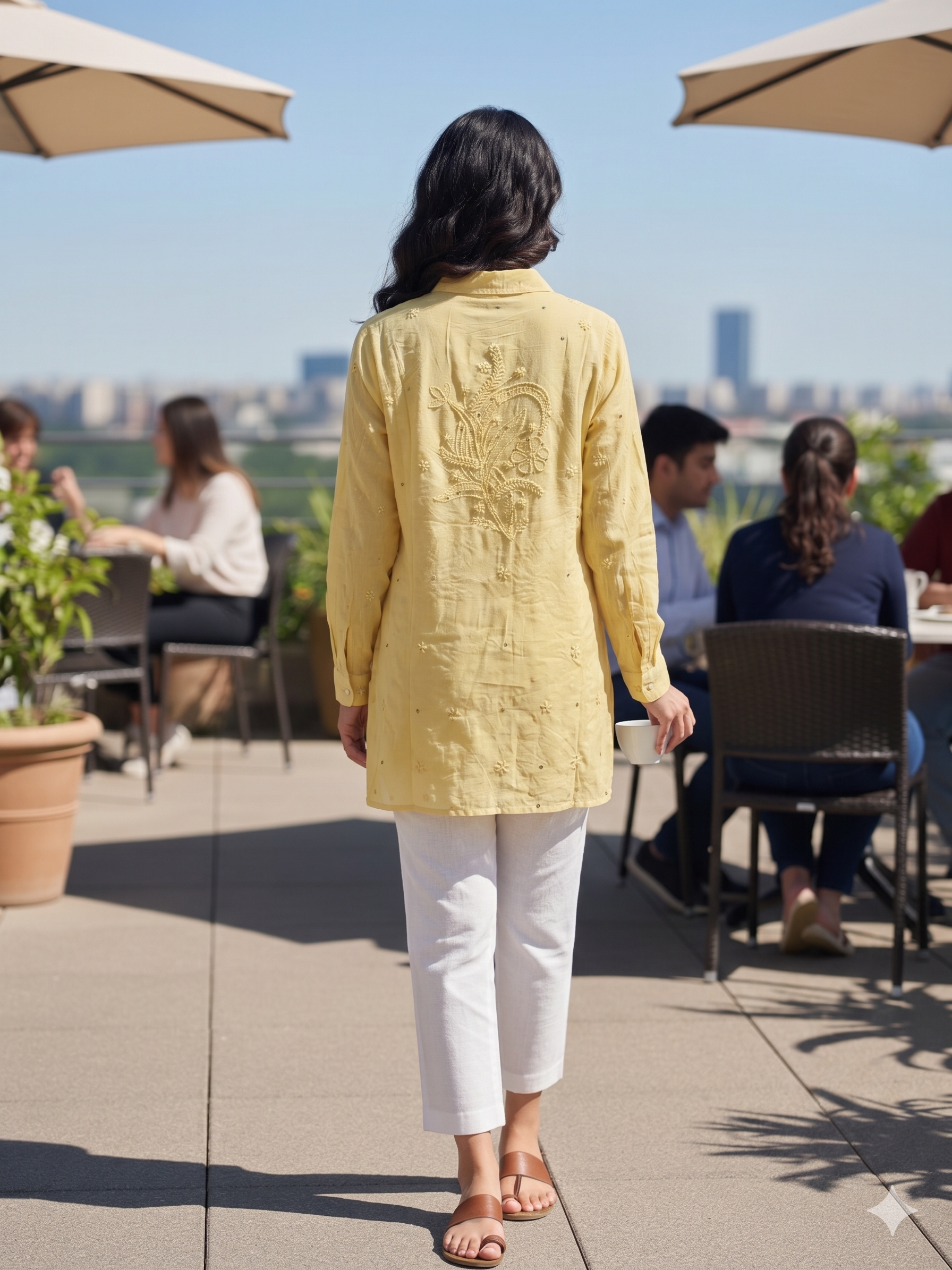 Chikan Hand Embroidered Viscose Georgette Yellow Shirt - SHILVIKA