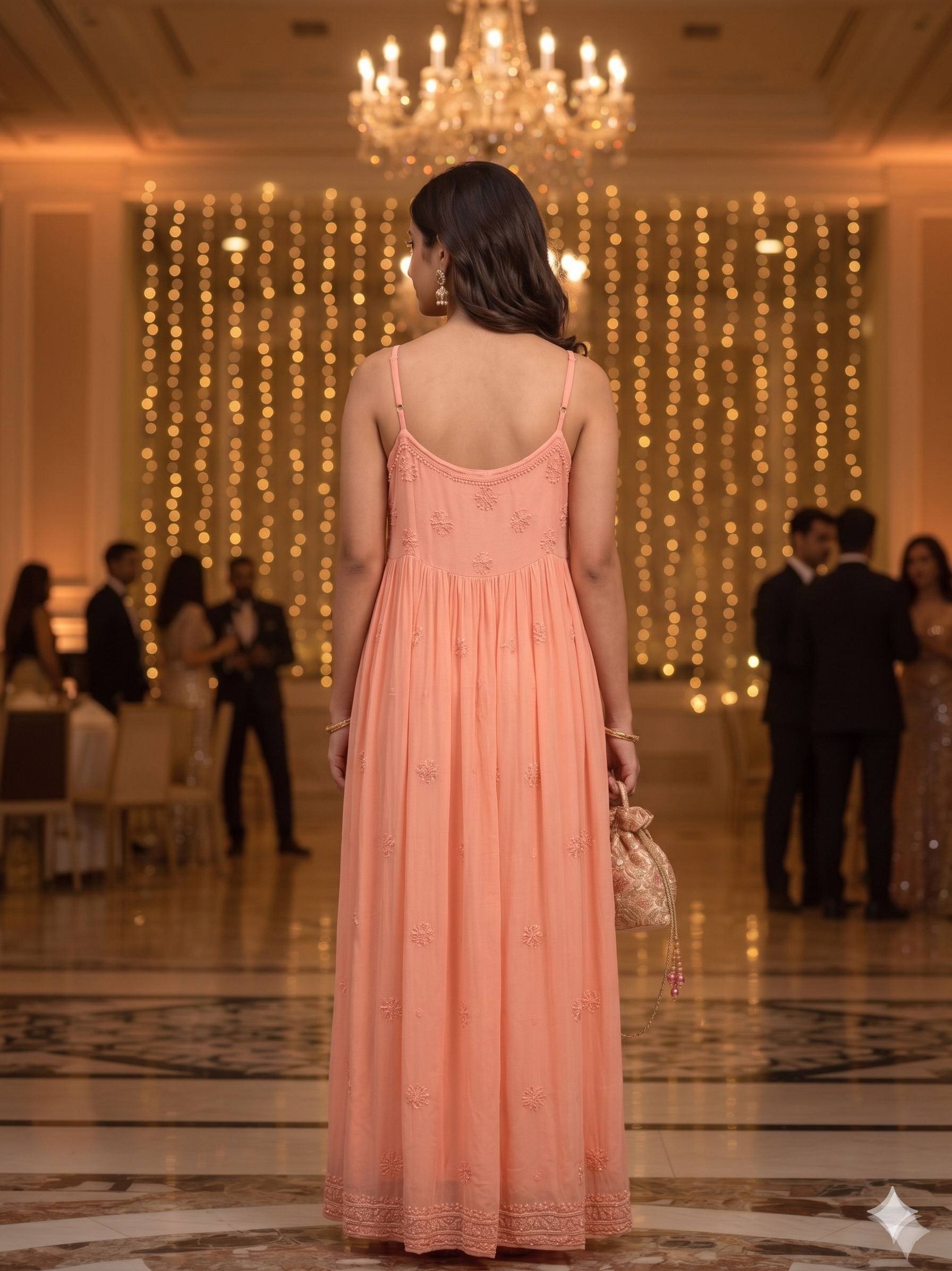 Peach Hand-Embroidered Chikankari Long Dress with Lace-Up Detail - SHILVIKA