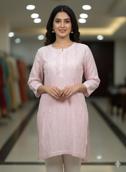 Pink Chikankari Tunic with Mukaish, Jali & Lace Details