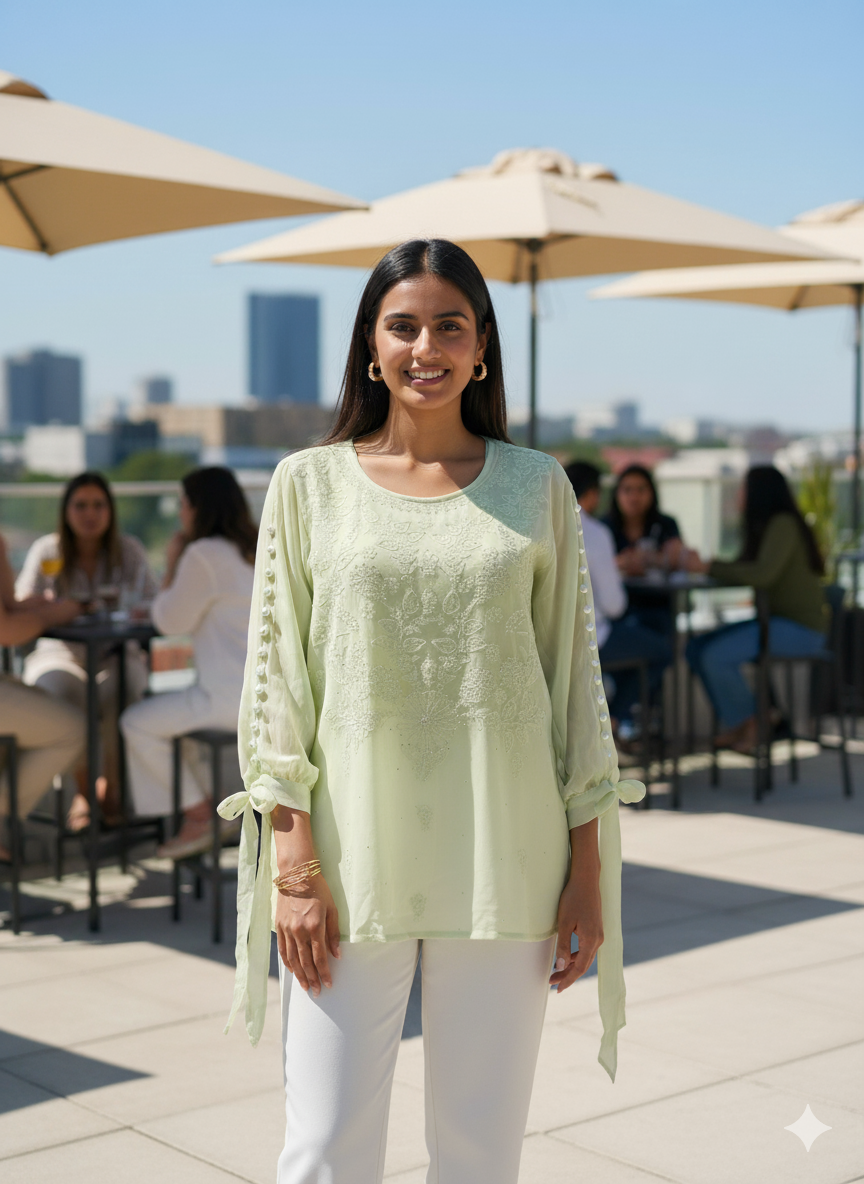 Hand Chikan Embroidery Pearl Sleeve Georgette Light Green Top