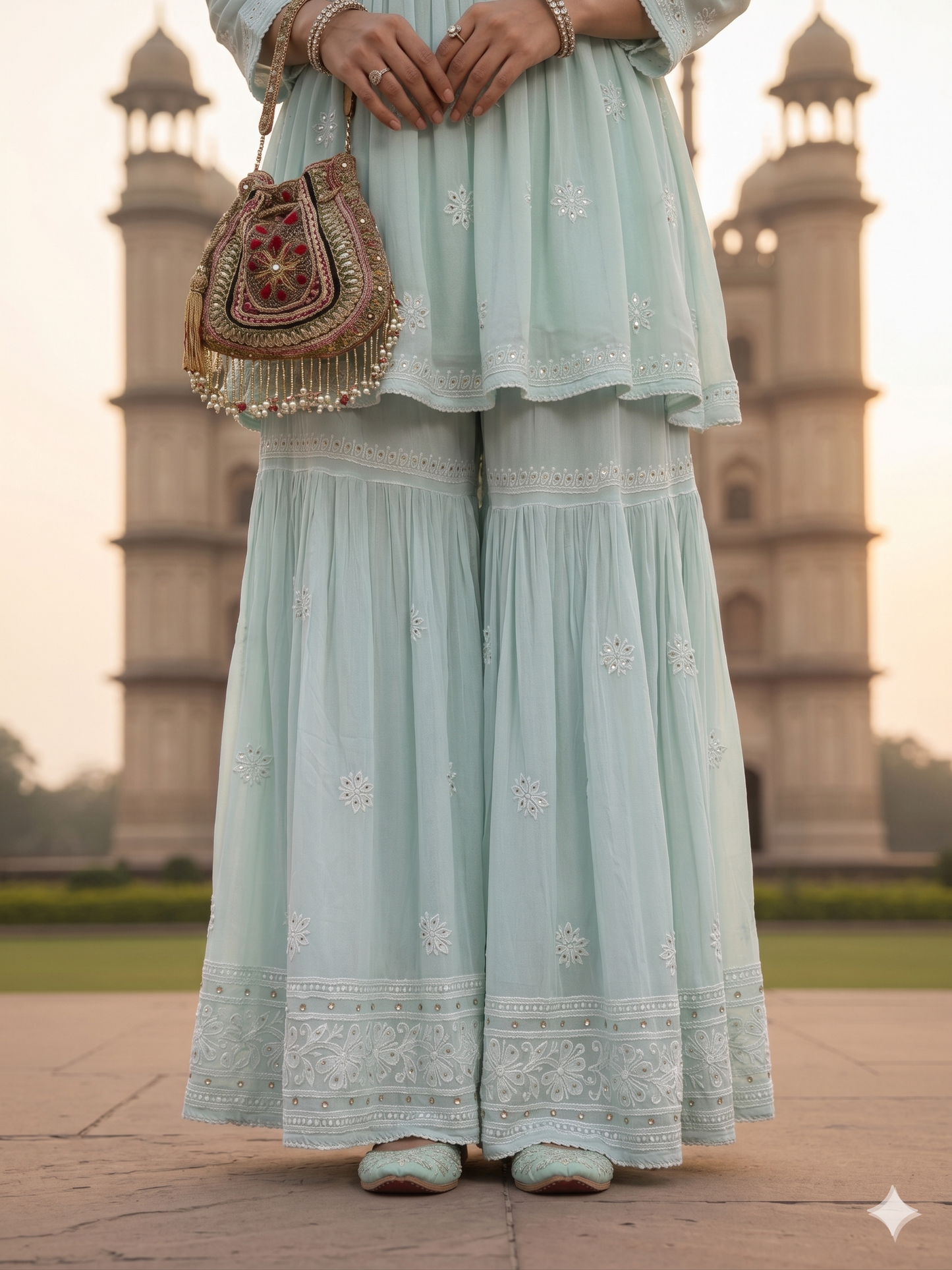 Georgette Sea Green Chikan Embroidery Kurta Gharara Set - SHILVIKA