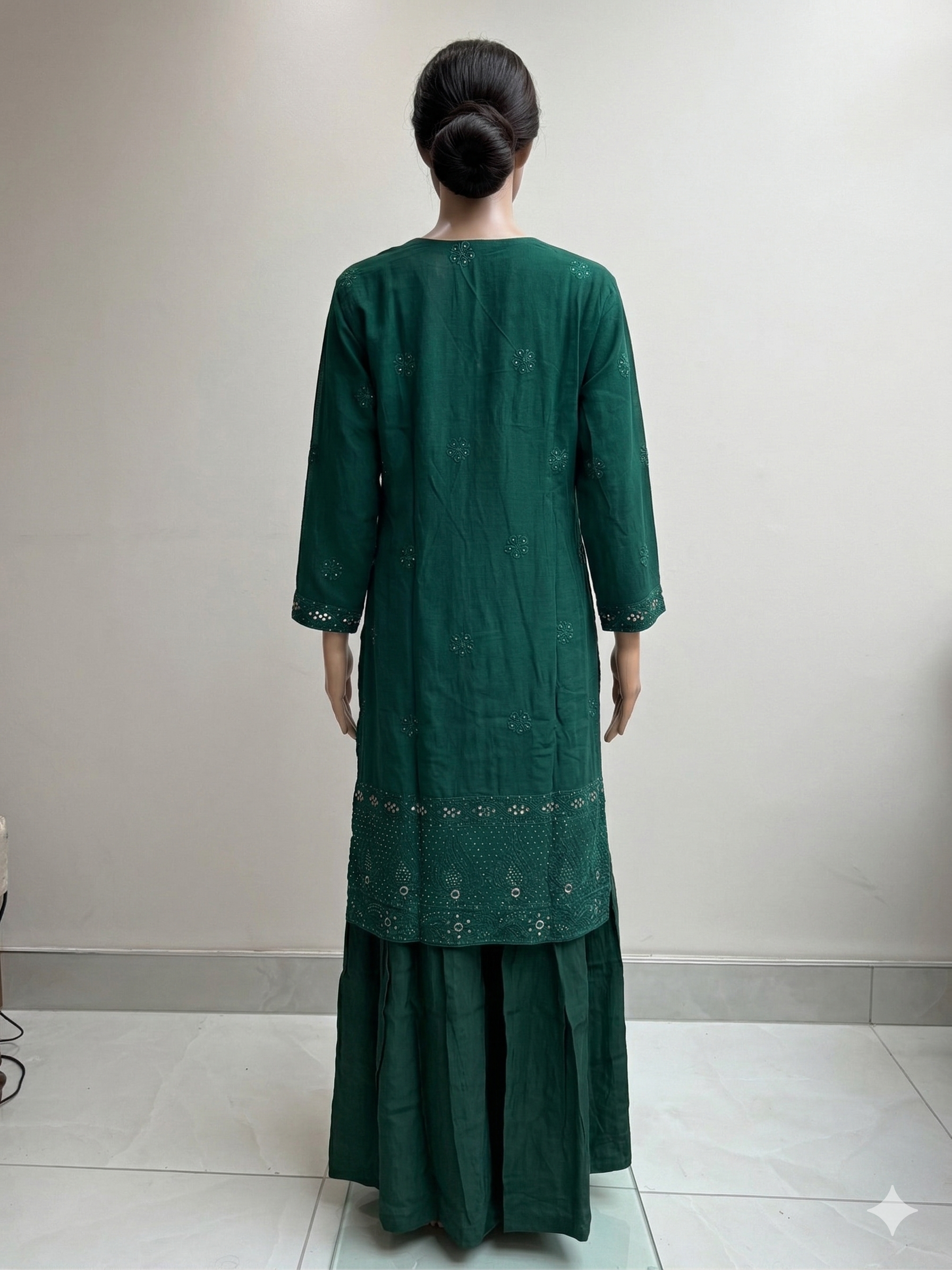Pure Silk Georgette Kurta Gharara with Dupatta - Bottle Green - SHILVIKA