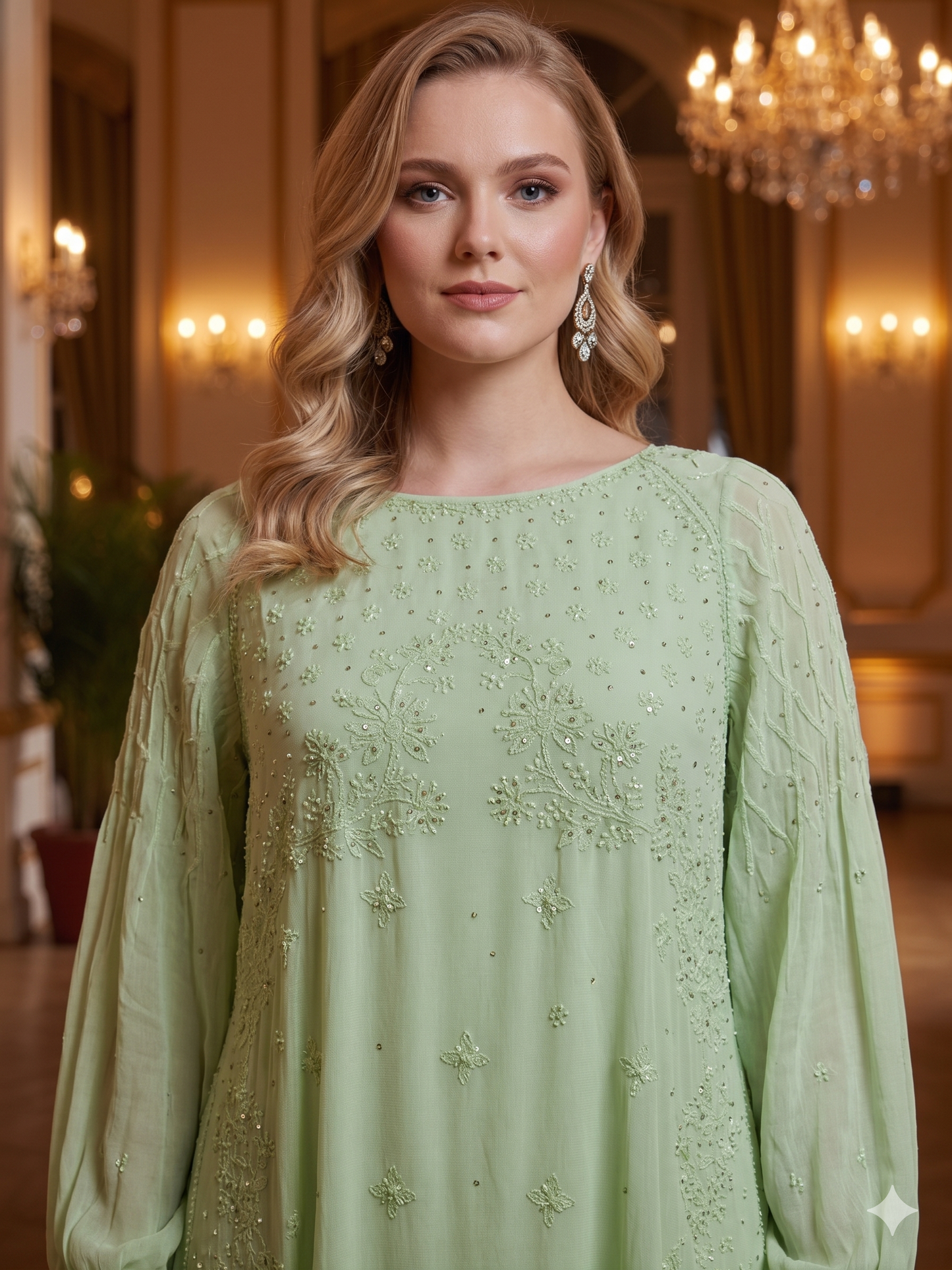 Handcrafted Chikankari Dress with Smocked Sleeves - Shaded Green - SHILVIKA
