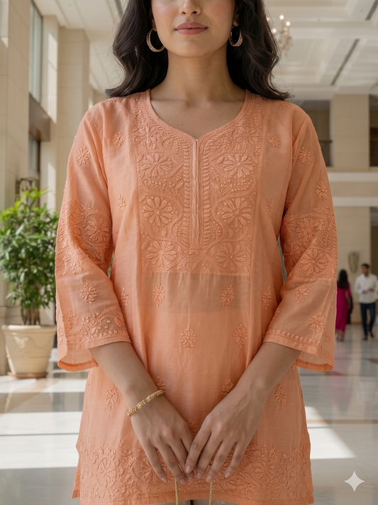 Chikan Hand Embroidery Chanderi Patch Top - Peach