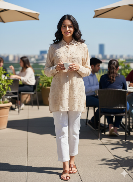 Chikan Hand Embroidered Viscose Georgette Beige Shirt