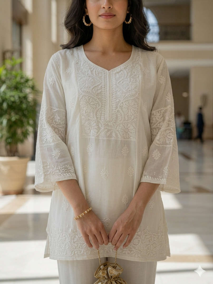 Chikan Hand Embroidery Chanderi Patch Top - Ivory - SHILVIKA