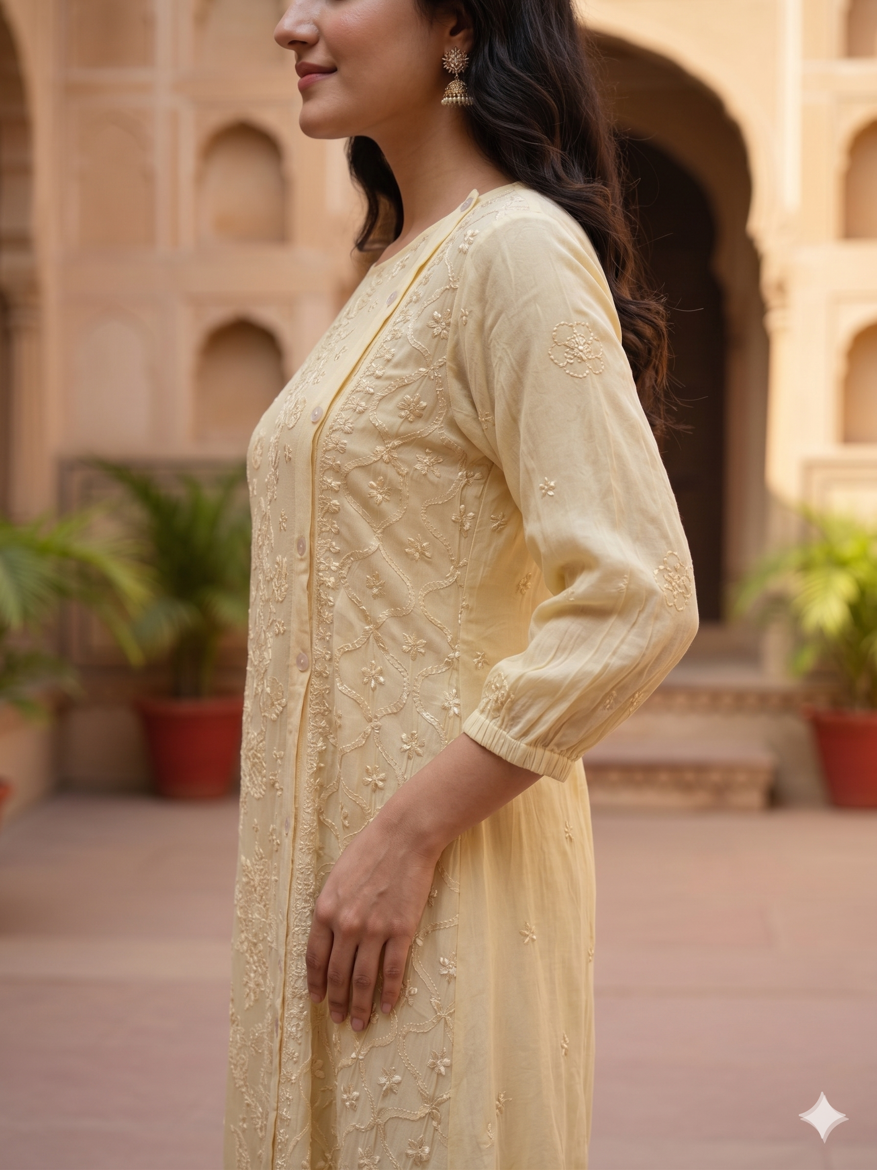 Elegant Chikankari Embroidered Georgette Side Button Dress - Light Mustard - SHILVIKA