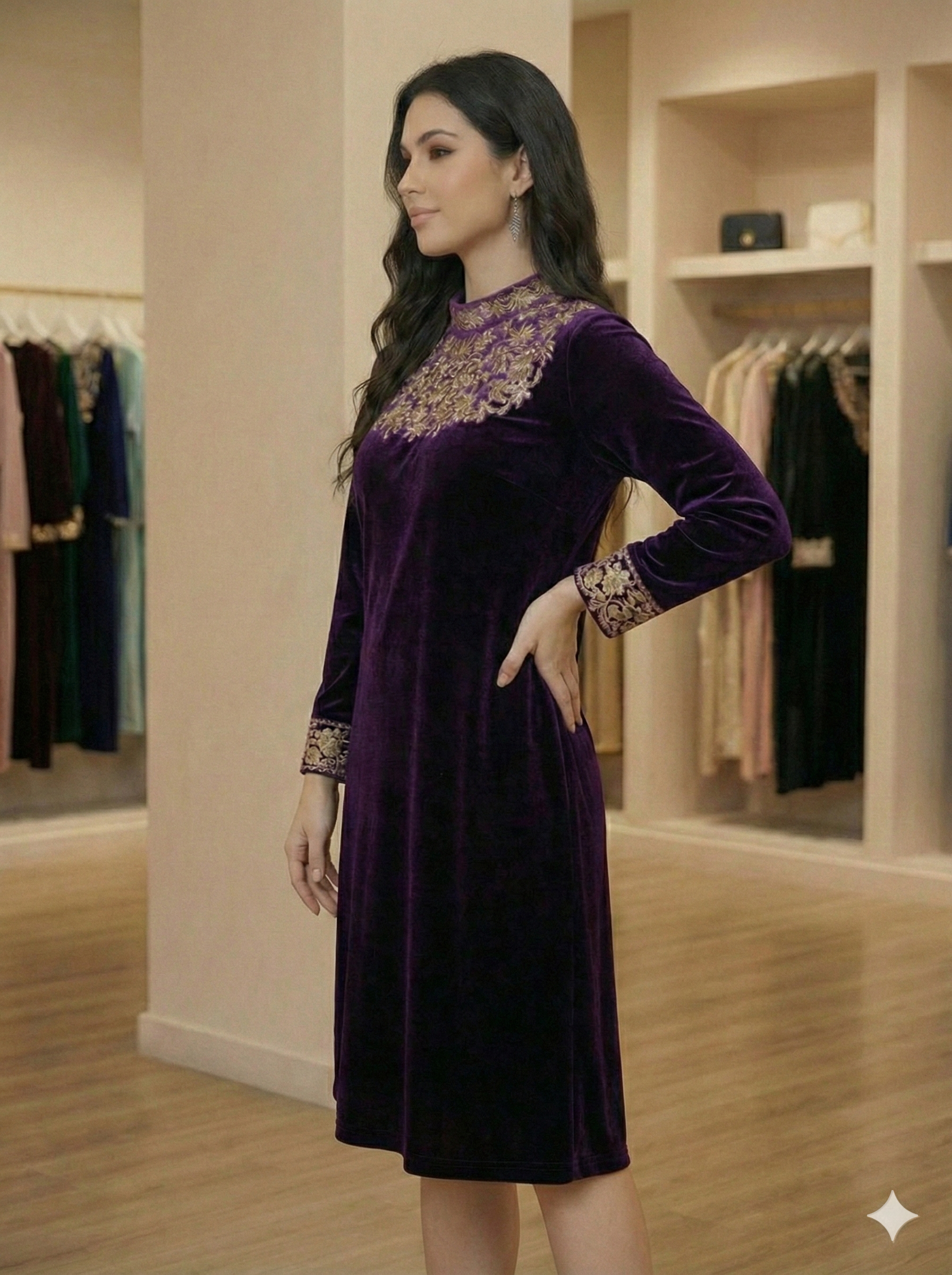 Velvet Embroidered Tunic Dress - Purple - SHILVIKA