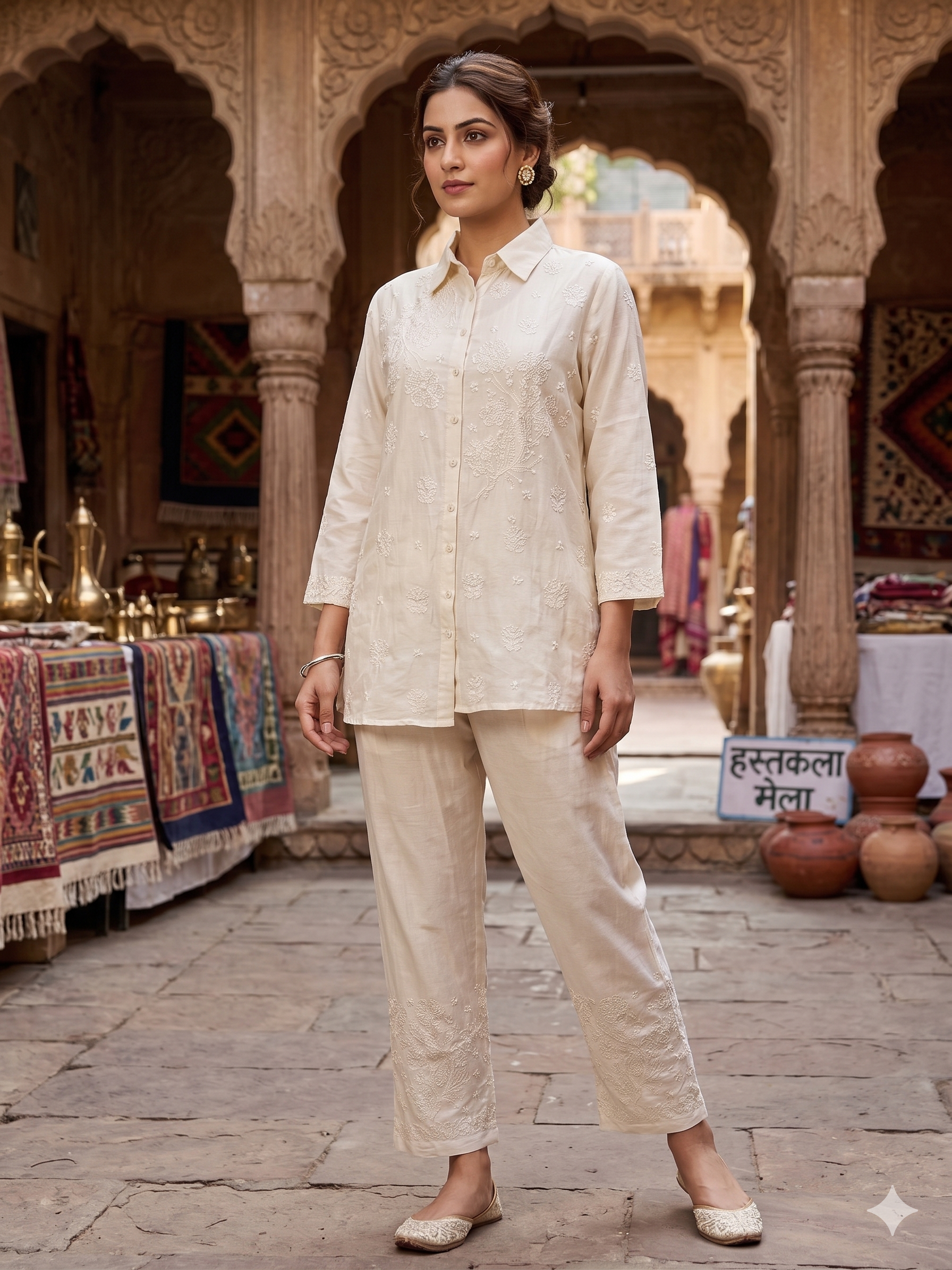 Ivory Chanderi Chikankari Shirt & Pant Co-ord - SHILVIKA