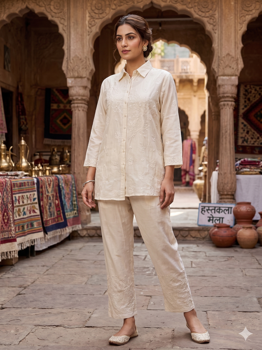 Ivory Chanderi Chikankari Shirt & Pant Co-ord - SHILVIKA