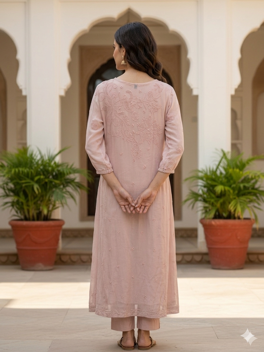 Elegant Chikankari Embroidered Georgette Side Button Dress - Onion Pink - SHILVIKA