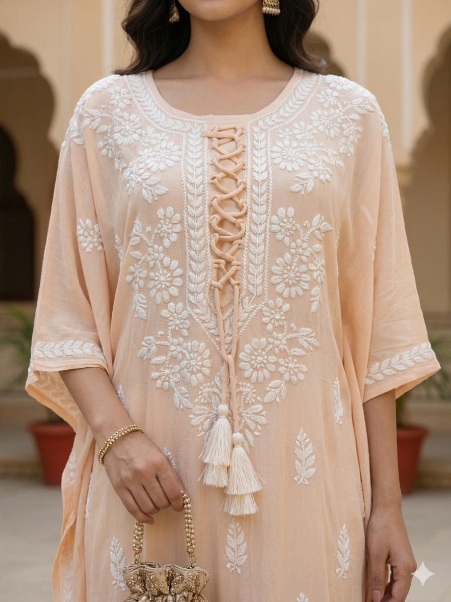 Peach Crush Rayon Kaftan with Intricate Chikankari Embroidery - SHILVIKA