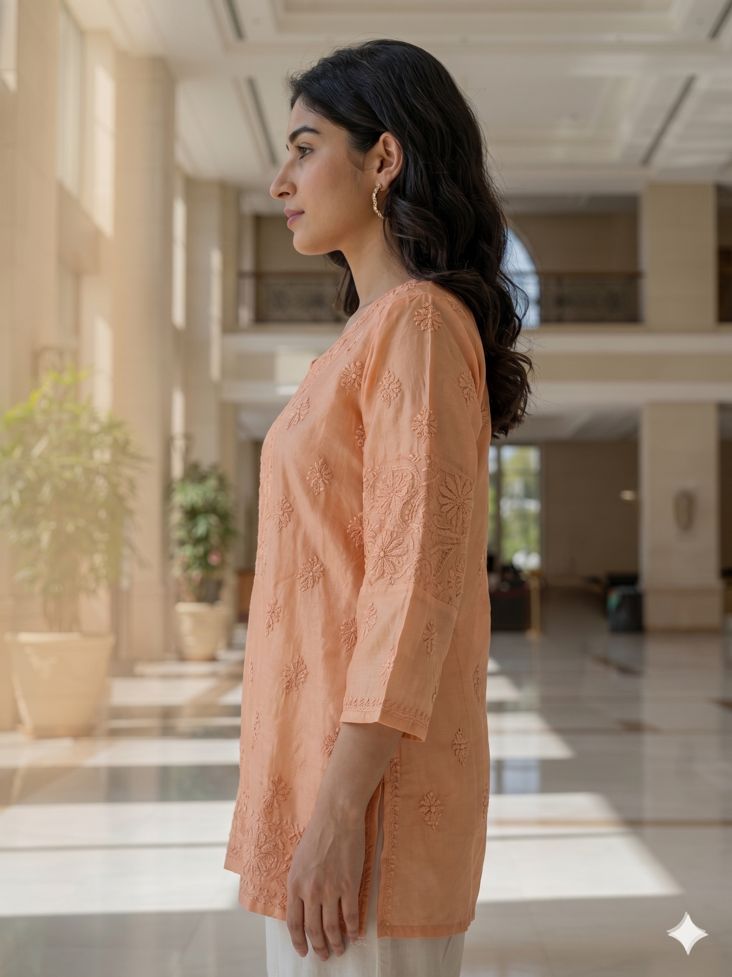 Chikan Hand Embroidery Chanderi Patch Top - Peach - SHILVIKA
