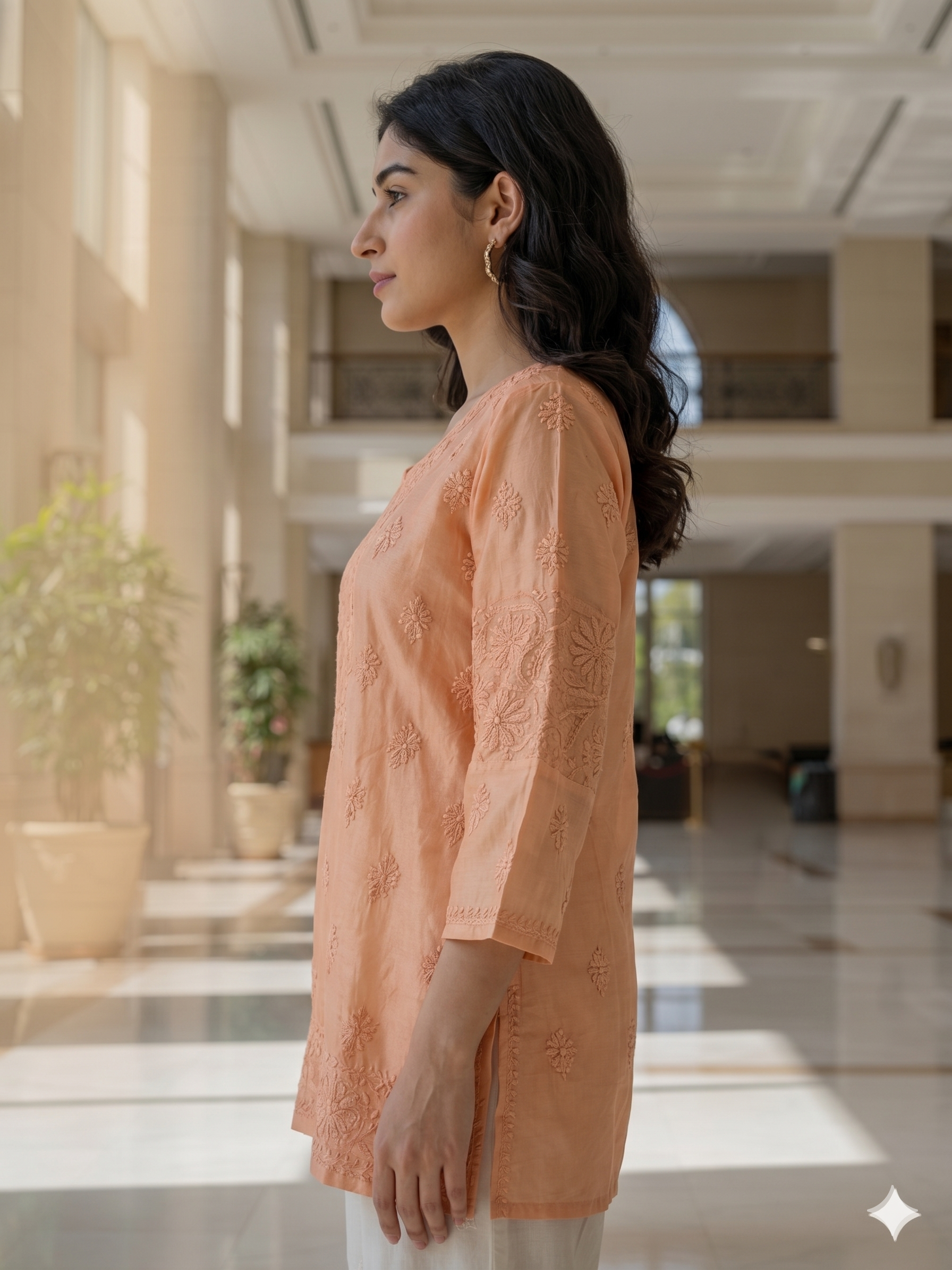 Chikan Hand Embroidery Chanderi Patch Top - Peach - SHILVIKA