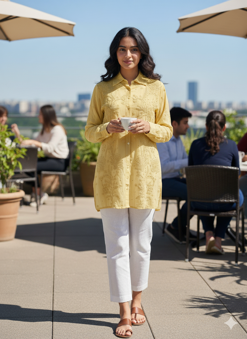 Chikan Hand Embroidered Georgette Yellow Shirt