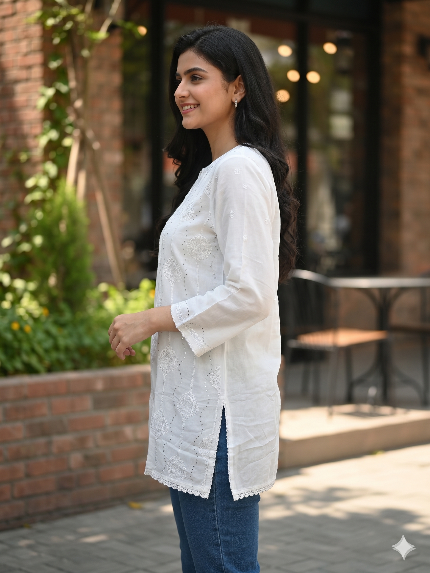 White Chikankari Tunic with Mukaish, Jali & Lace Details - SHILVIKA