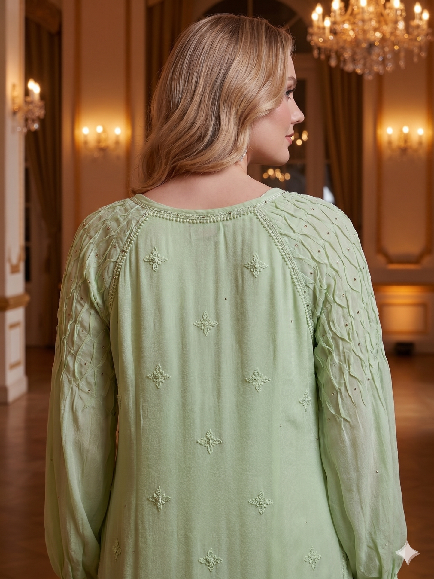 Handcrafted Chikankari Dress with Smocked Sleeves - Shaded Green - SHILVIKA