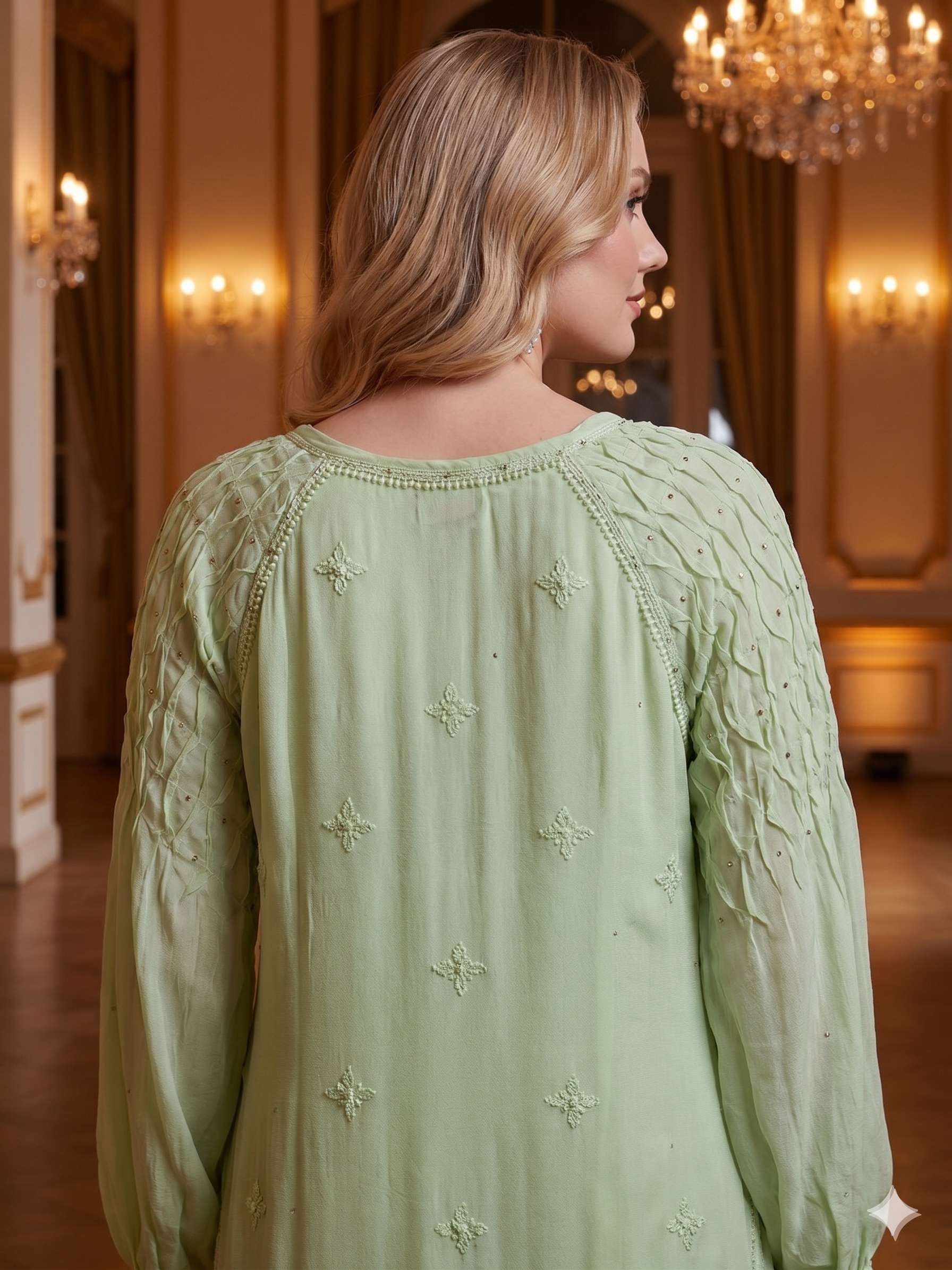 Handcrafted Chikankari Dress with Smocked Sleeves - Shaded Green - SHILVIKA