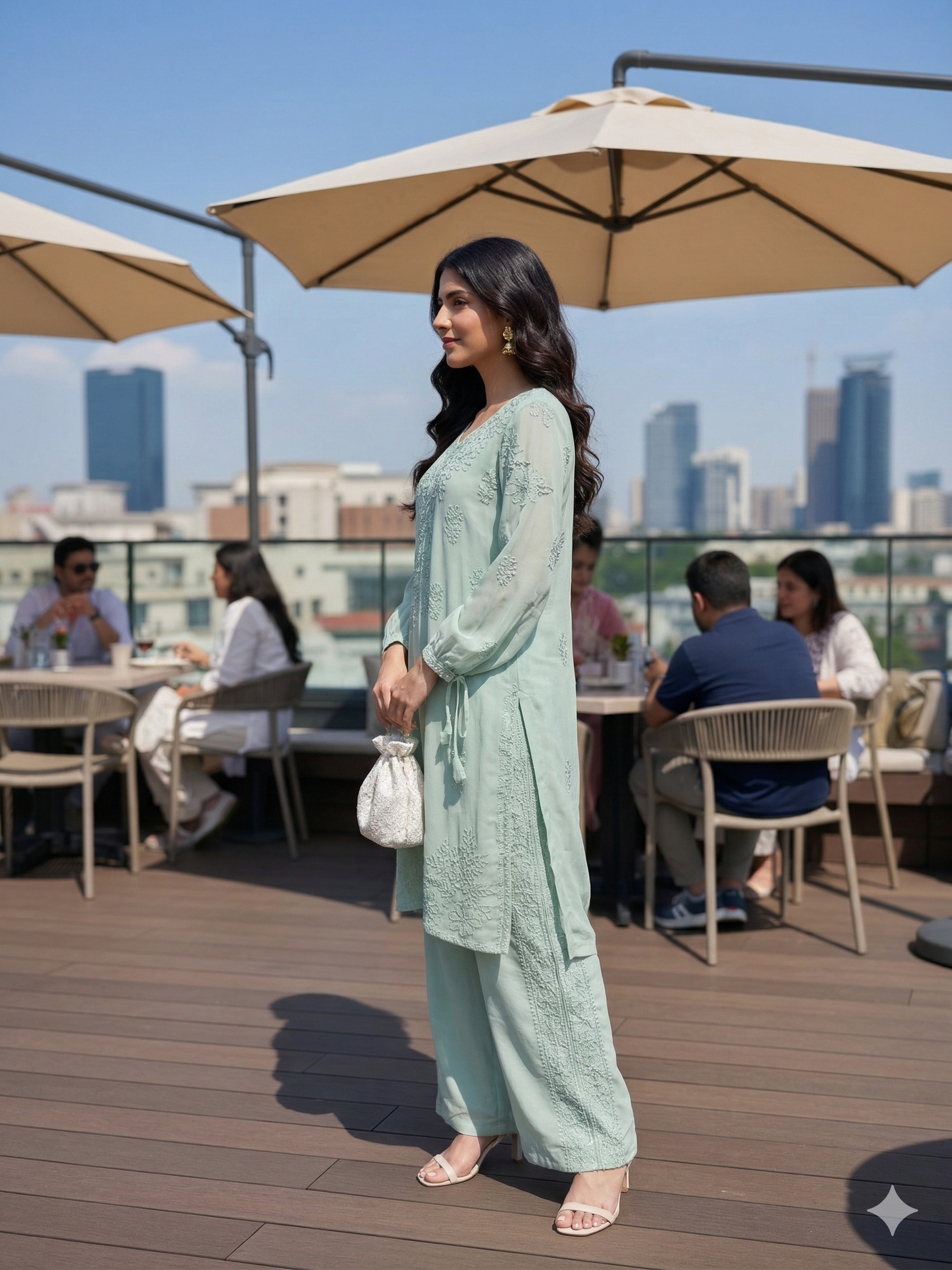 Elegant Mint Green Chikankari-Style Embroidered Co-ord Set - SHILVIKA