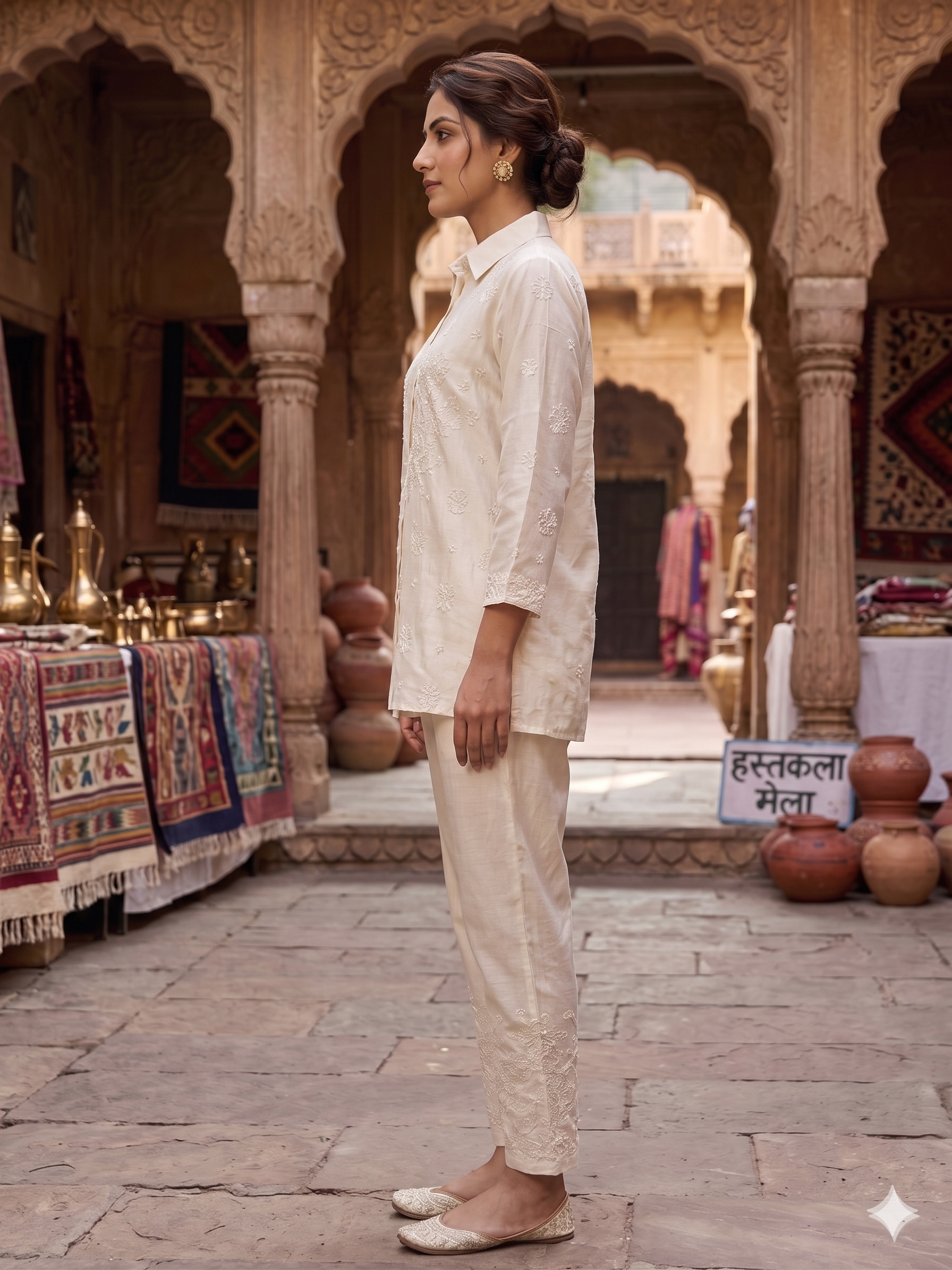 Ivory Chanderi Chikankari Shirt & Pant Co-ord - SHILVIKA