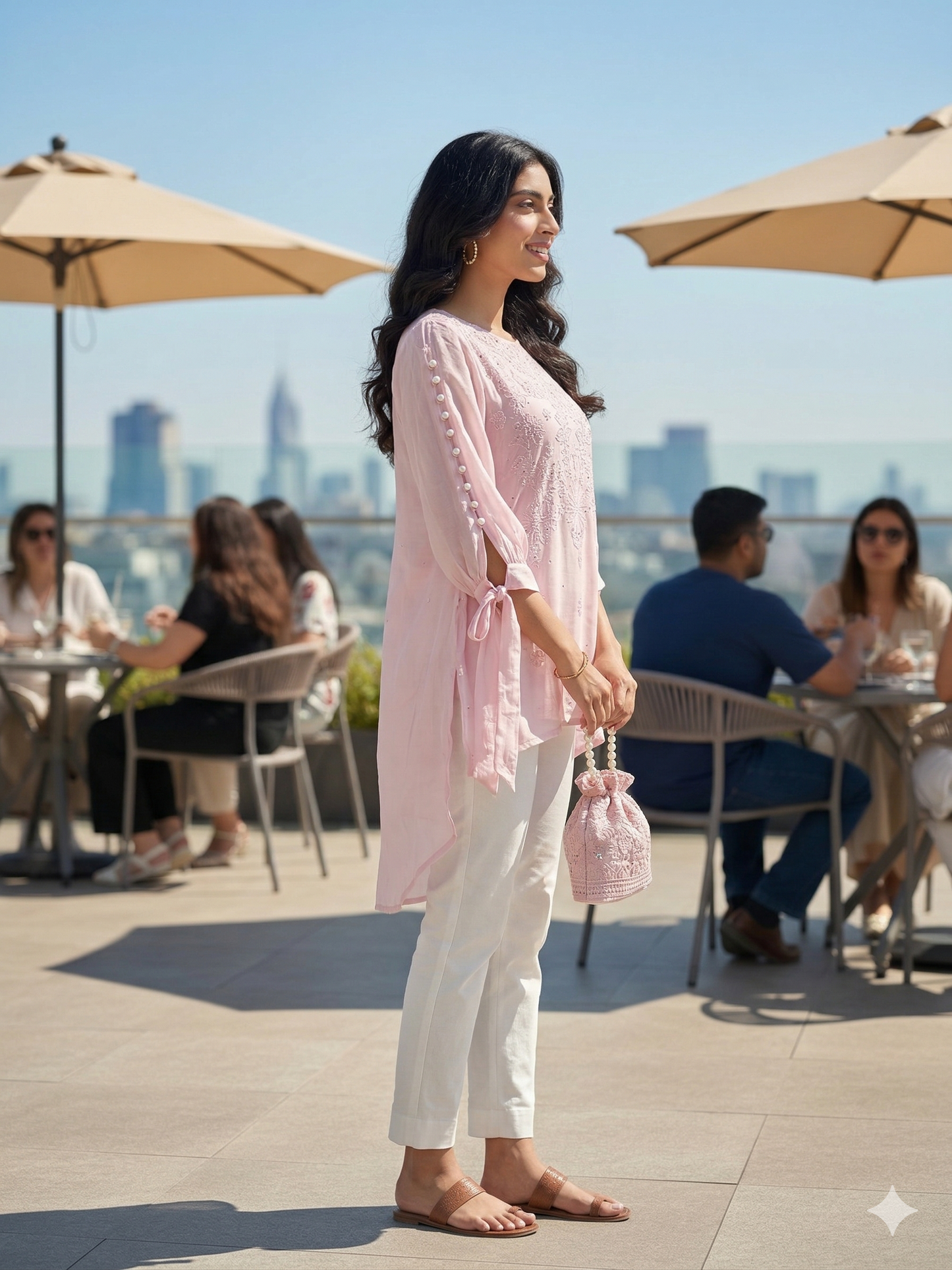 Hand Chikan Embroidery Pearl Sleeve Viscose Georgette Light Pink Top - SHILVIKA