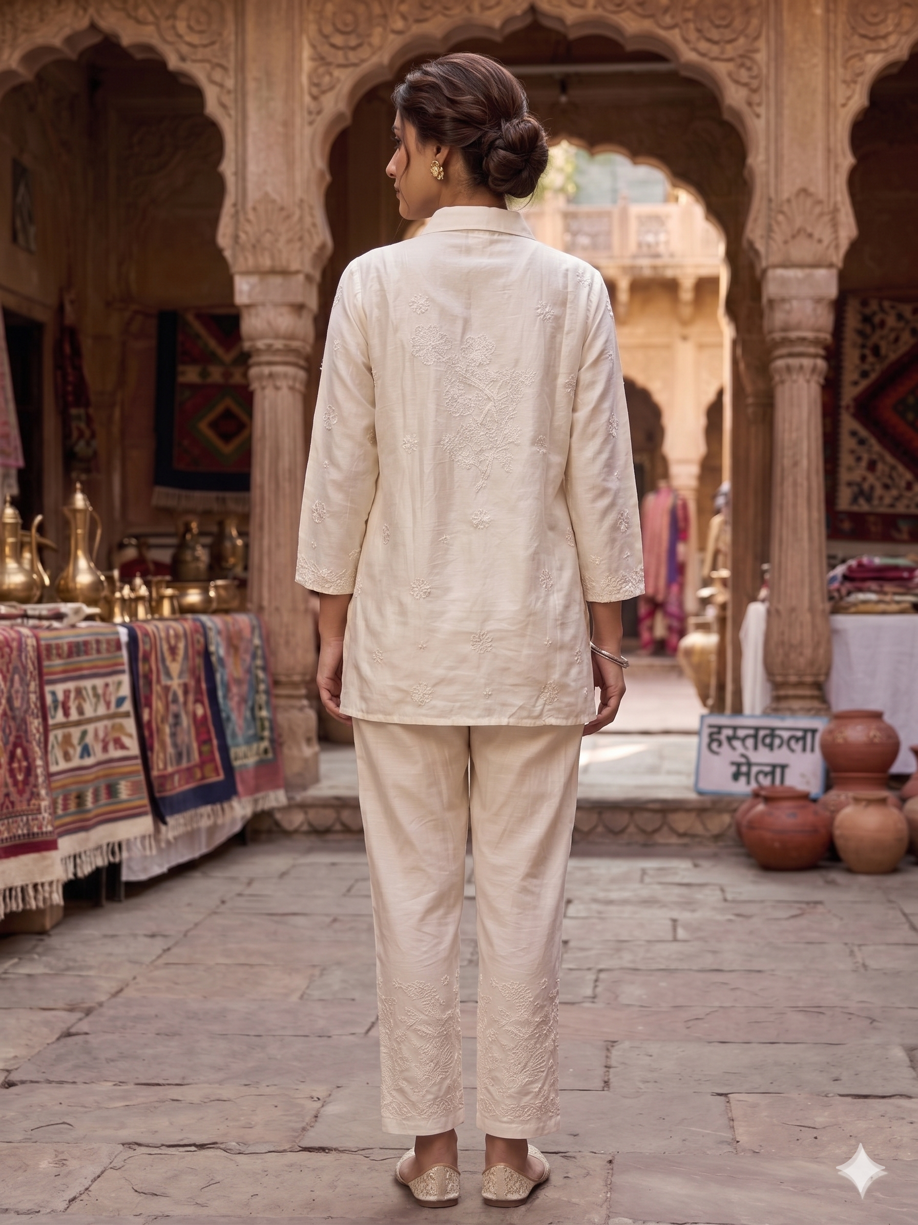 Ivory Chanderi Chikankari Shirt & Pant Co-ord - SHILVIKA