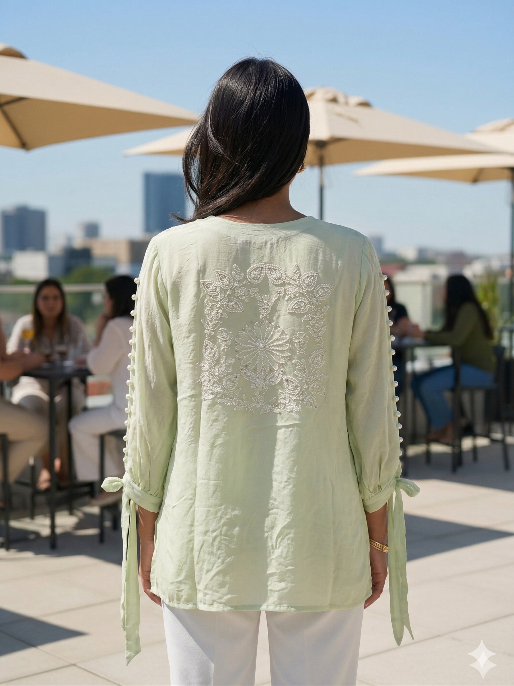 Hand Chikan Embroidery Pearl Sleeve Georgette Light Green Top - SHILVIKA