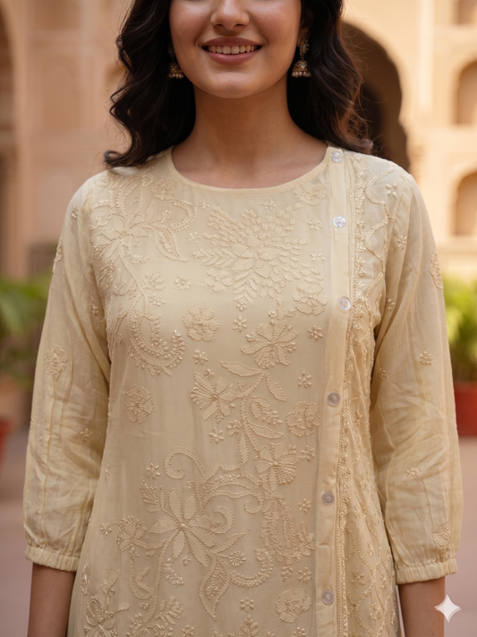 Elegant Chikankari Embroidered Georgette Side Button Dress - Light Mustard