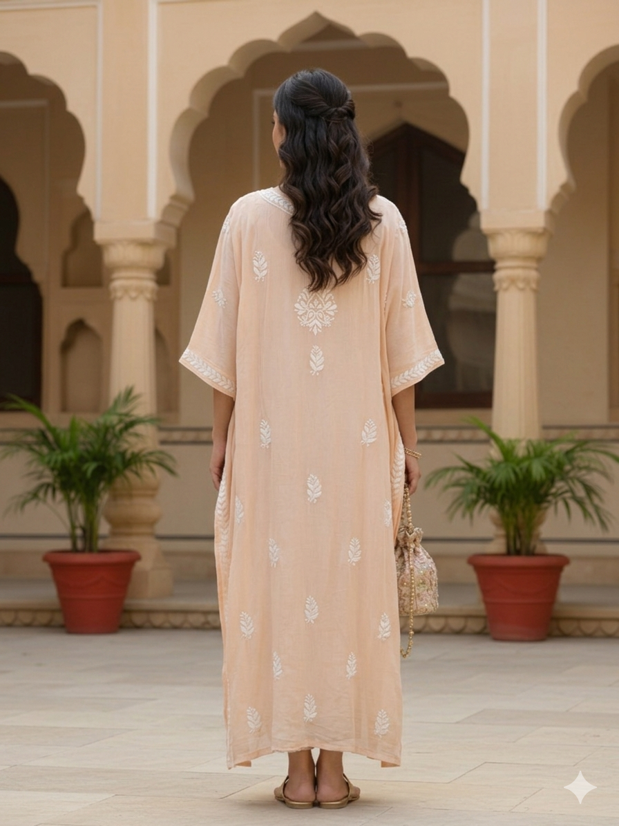 Peach Crush Rayon Kaftan with Intricate Chikankari Embroidery - SHILVIKA