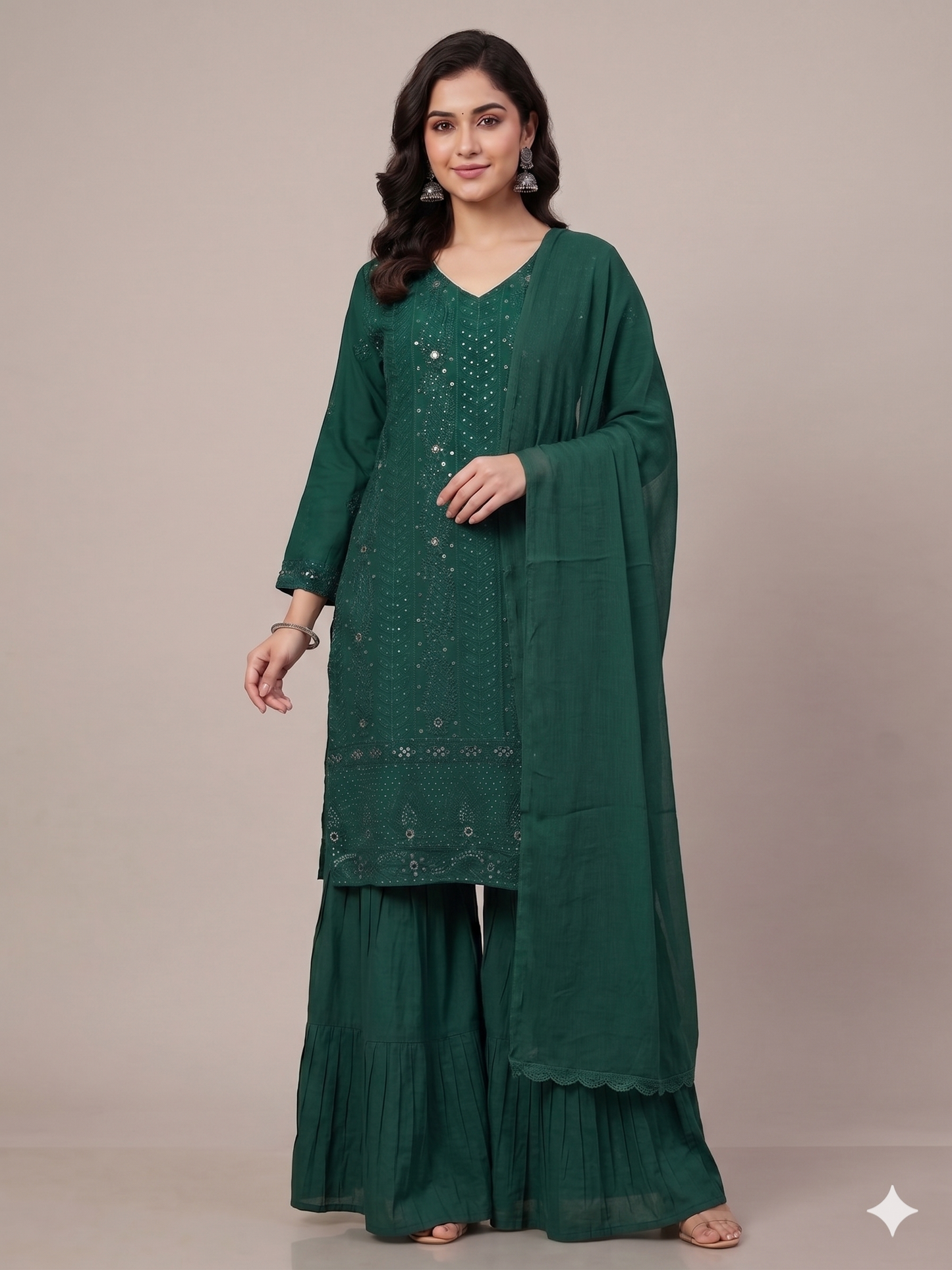 Pure Silk Georgette Kurta Gharara with Dupatta - Bottle Green - SHILVIKA