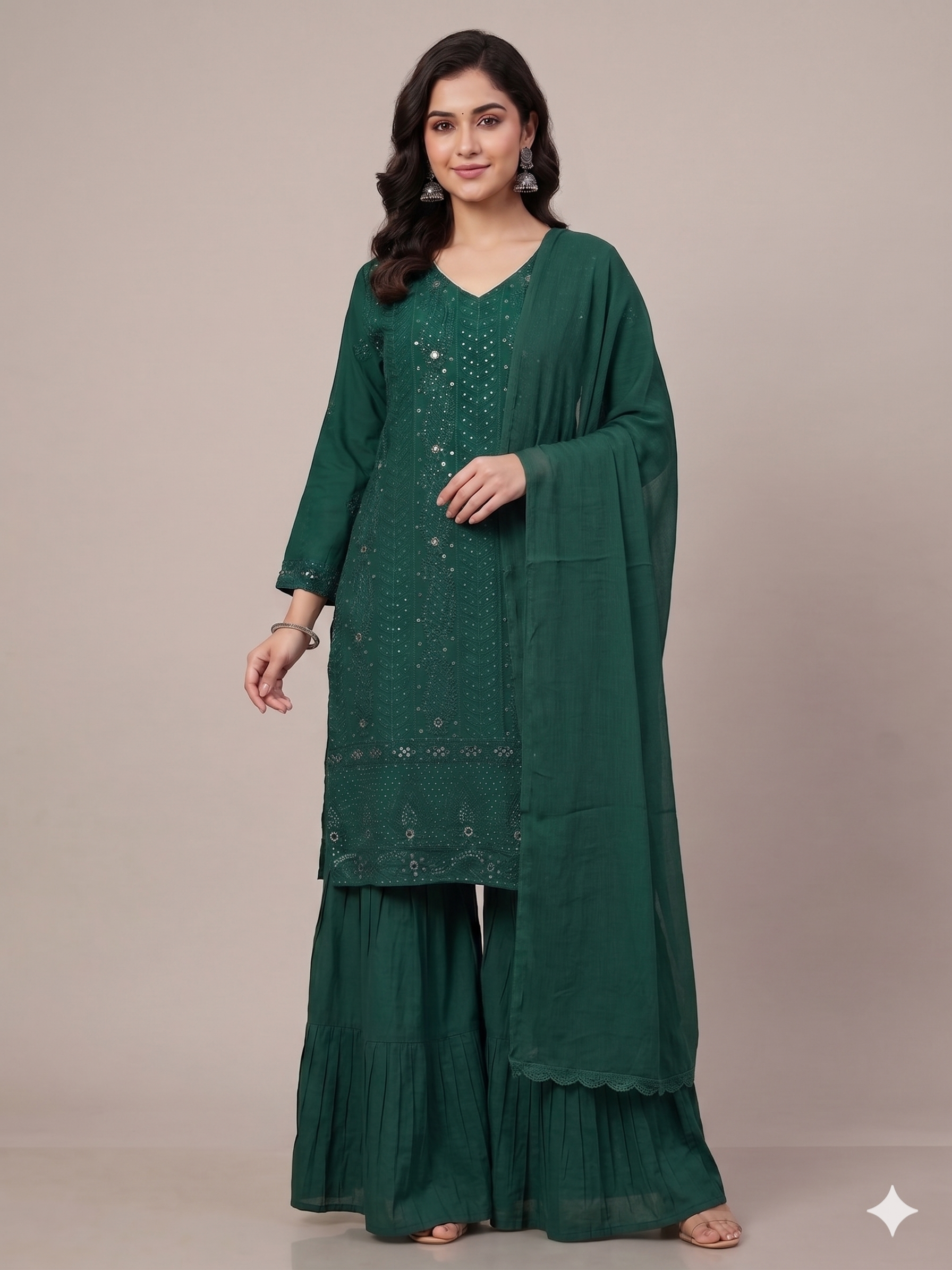 Pure Silk Georgette Kurta Gharara with Dupatta - Bottle Green - SHILVIKA