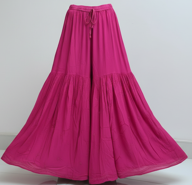 Magenta Chikankari V-Neck Kurta Set with 6-Panel Gharara Plazo and Dupatta - SHILVIKA