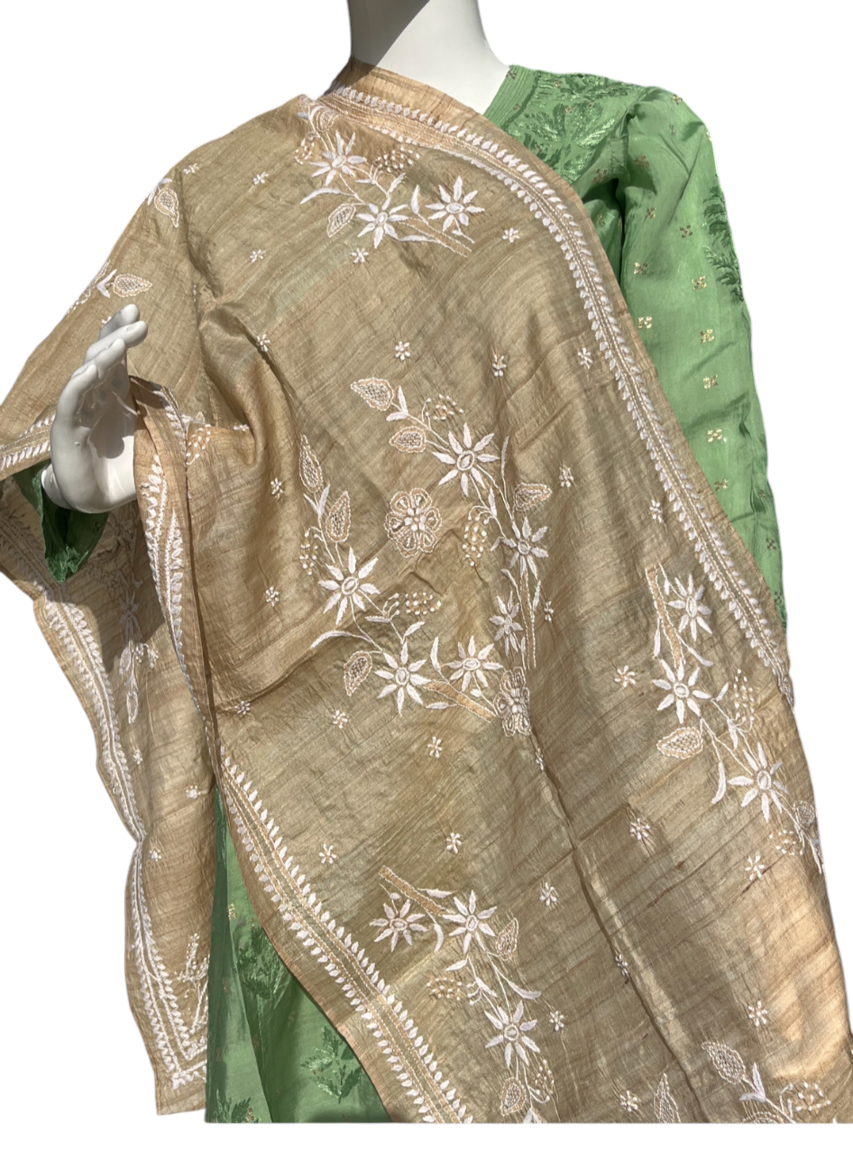 Chikankari Tusser Silk Stole - SHILVIKA