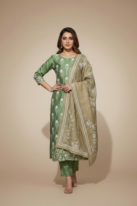 Chikankari Tusser Silk Stole - SHILVIKA