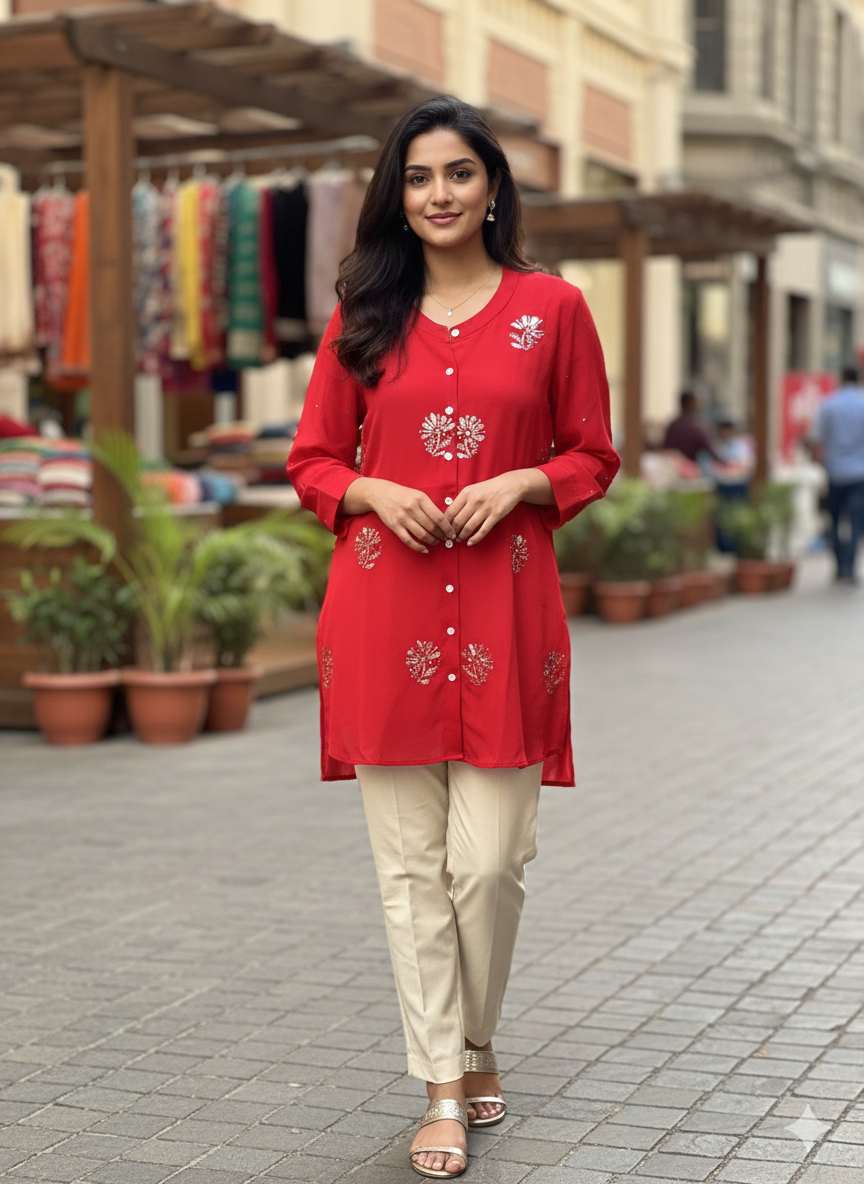 Pure Silk Georgette Shirt with Balda Work - Red - SHILVIKA