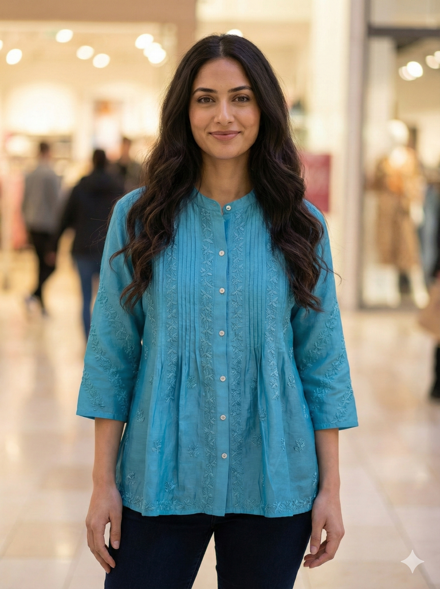 Chanderi Silk Top with Chikan Embroidery - Turquoise - SHILVIKA