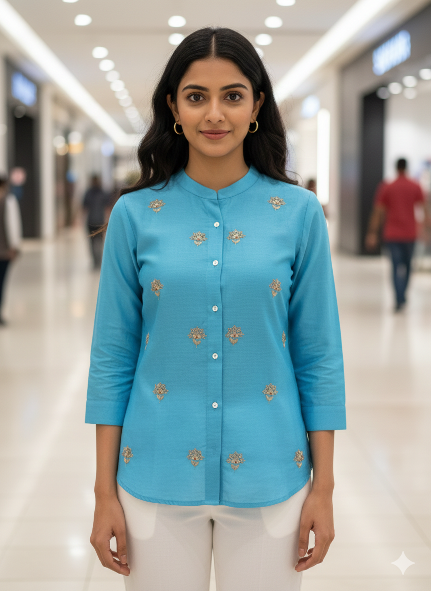 Pure Chanderi Silk Zardozi Shirt with Balda Work - Blue - SHILVIKA