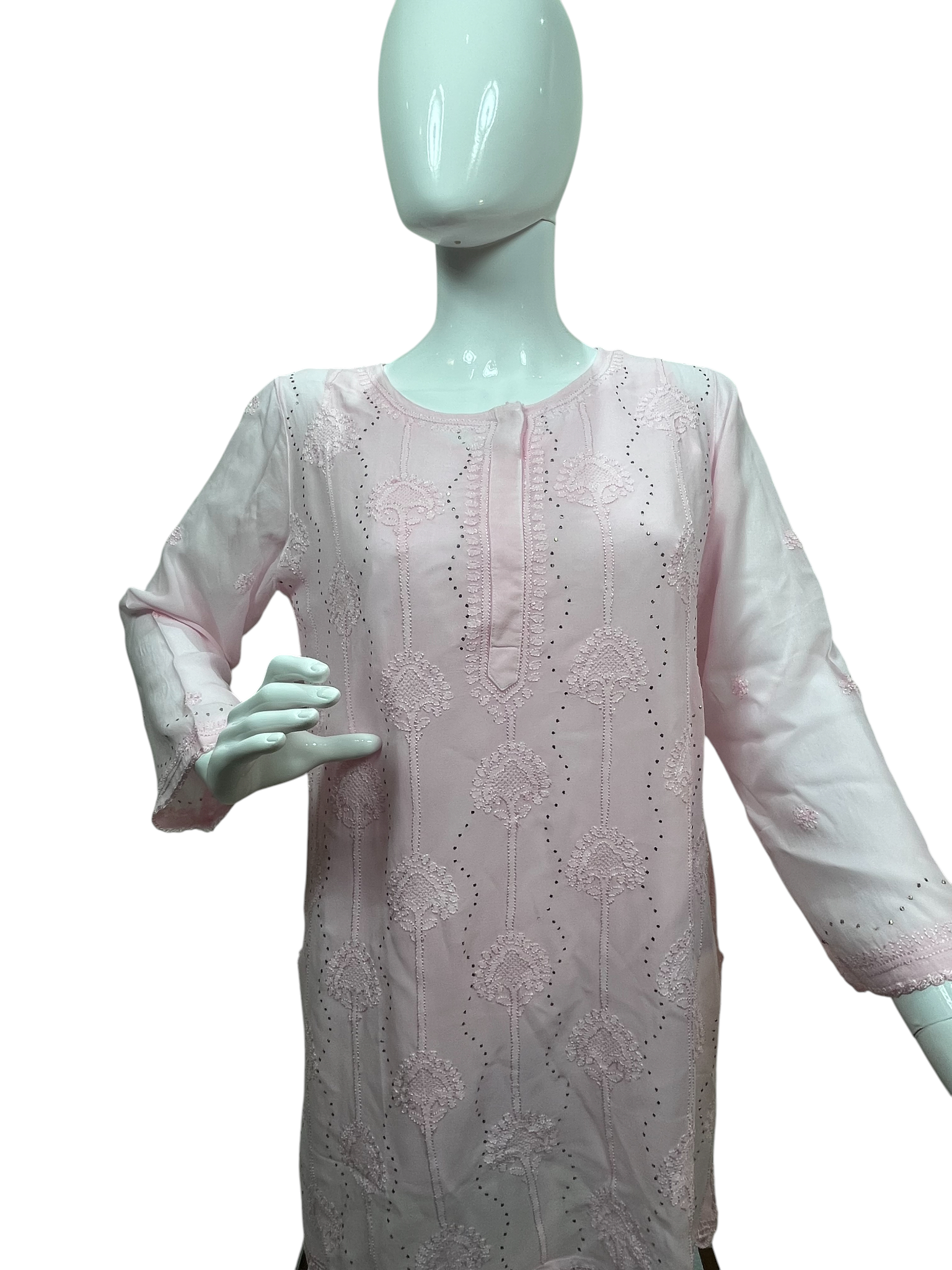 Light pink embroidered kurta on a mannequin against a white background