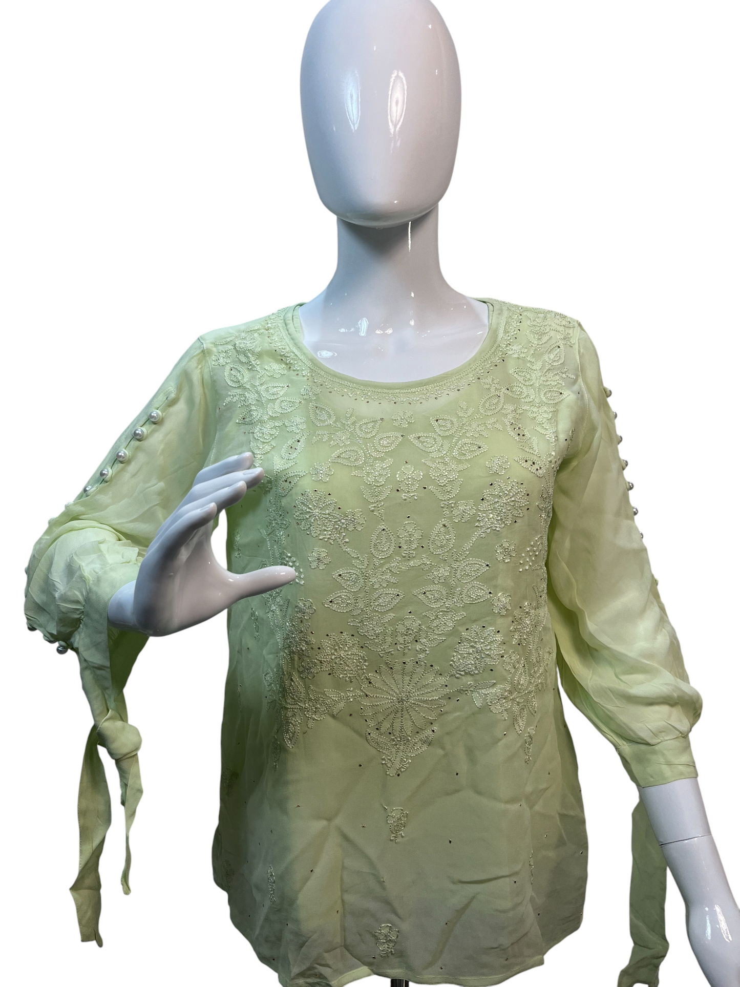 Hand Chikan Embroidery Pearl Sleeve Georgette Light Green Top - SHILVIKA