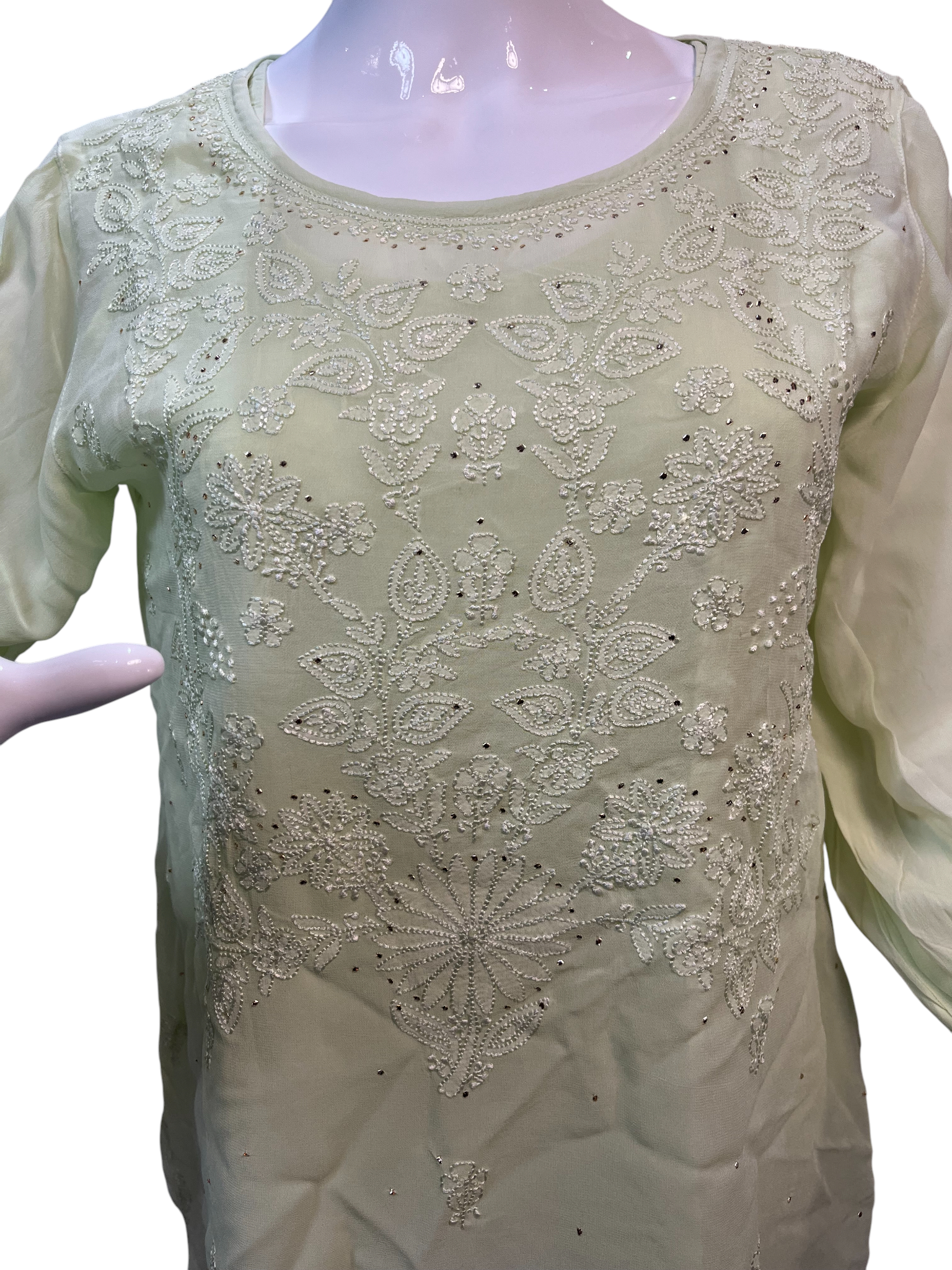 Hand Chikan Embroidery Pearl Sleeve Georgette Light Green Top - SHILVIKA