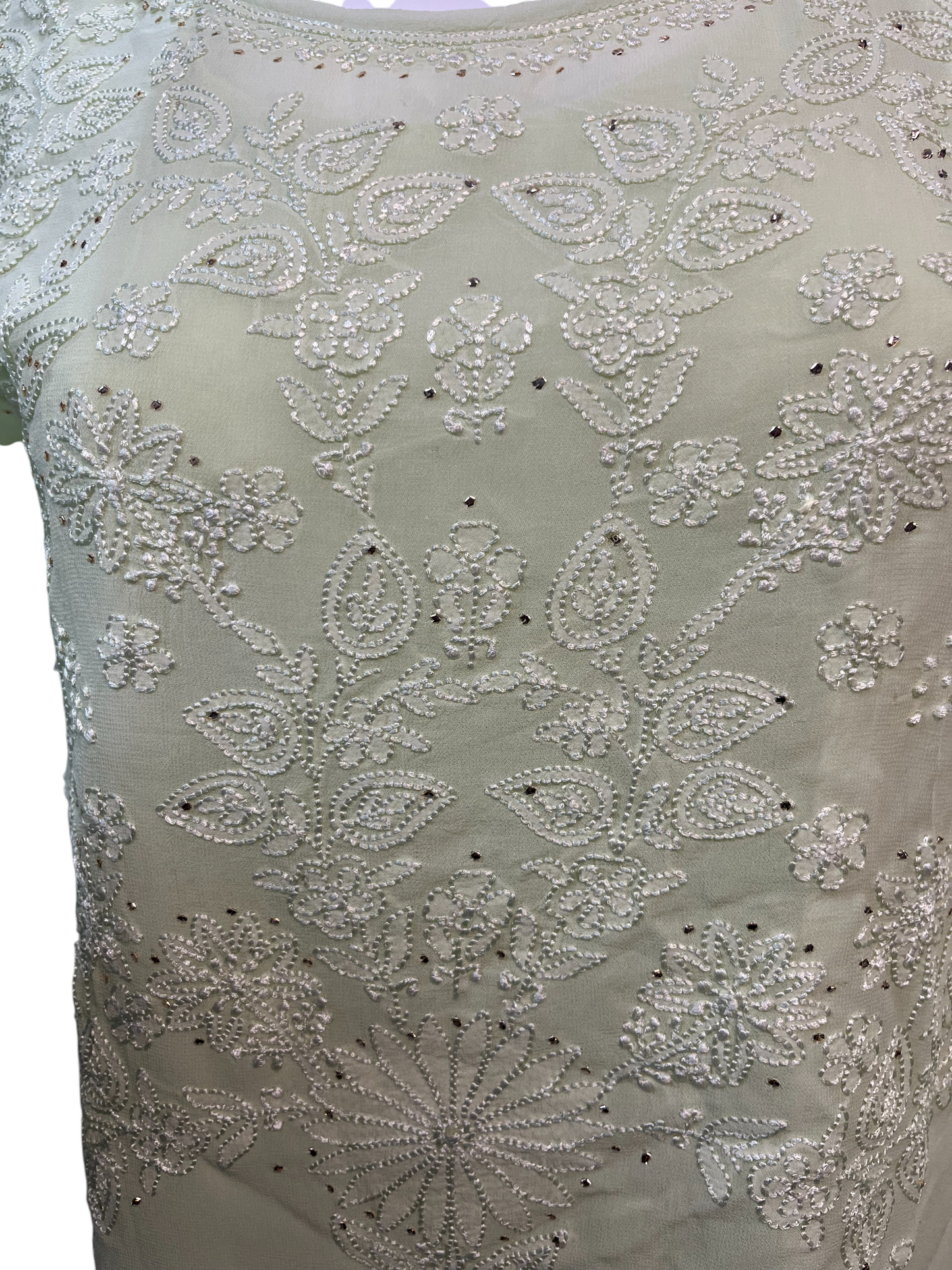 Hand Chikan Embroidery Pearl Sleeve Georgette Light Green Top - SHILVIKA