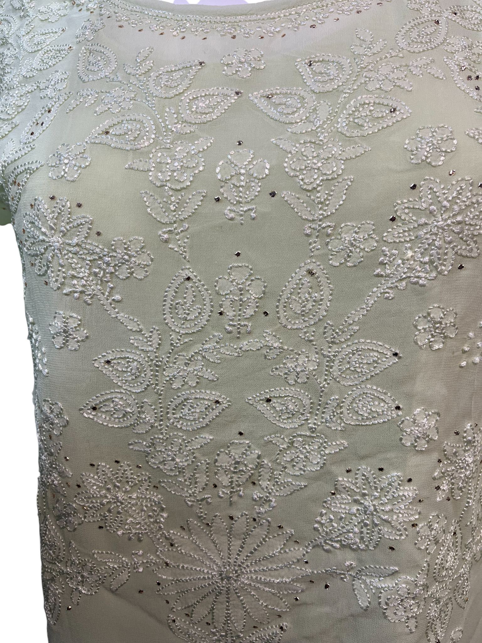 Hand Chikan Embroidery Pearl Sleeve Georgette Light Green Top - SHILVIKA