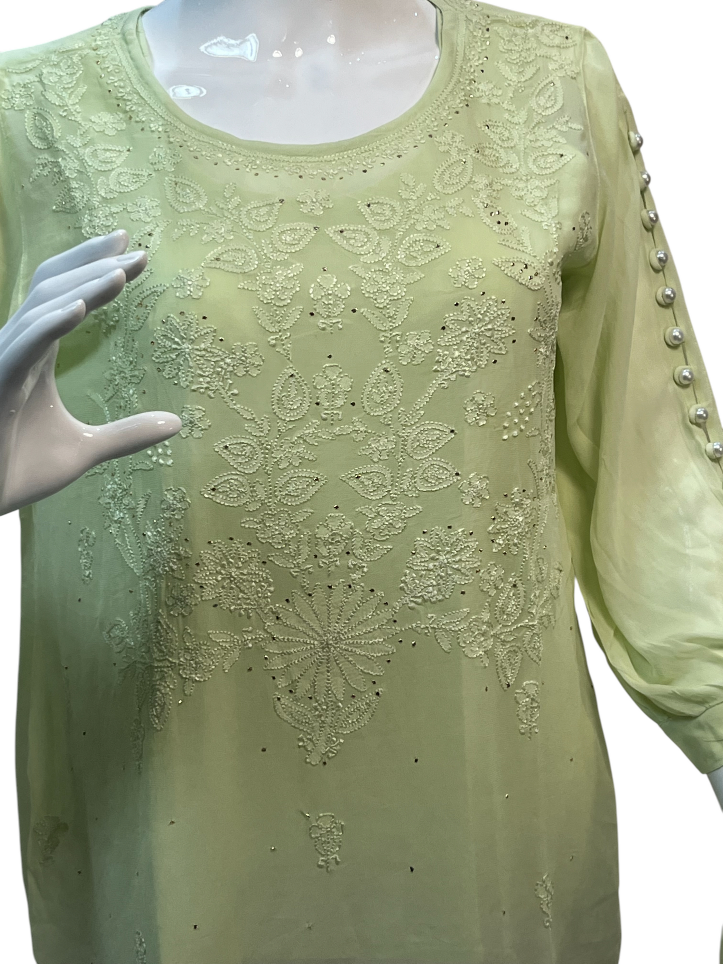 Hand Chikan Embroidery Pearl Sleeve Georgette Light Green Top - SHILVIKA