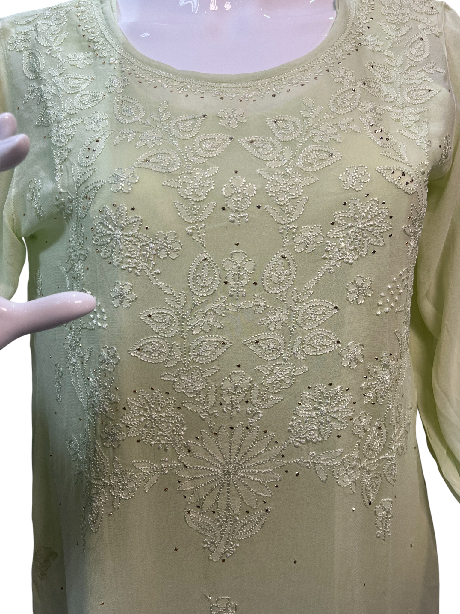 Hand Chikan Embroidery Pearl Sleeve Georgette Light Green Top - SHILVIKA