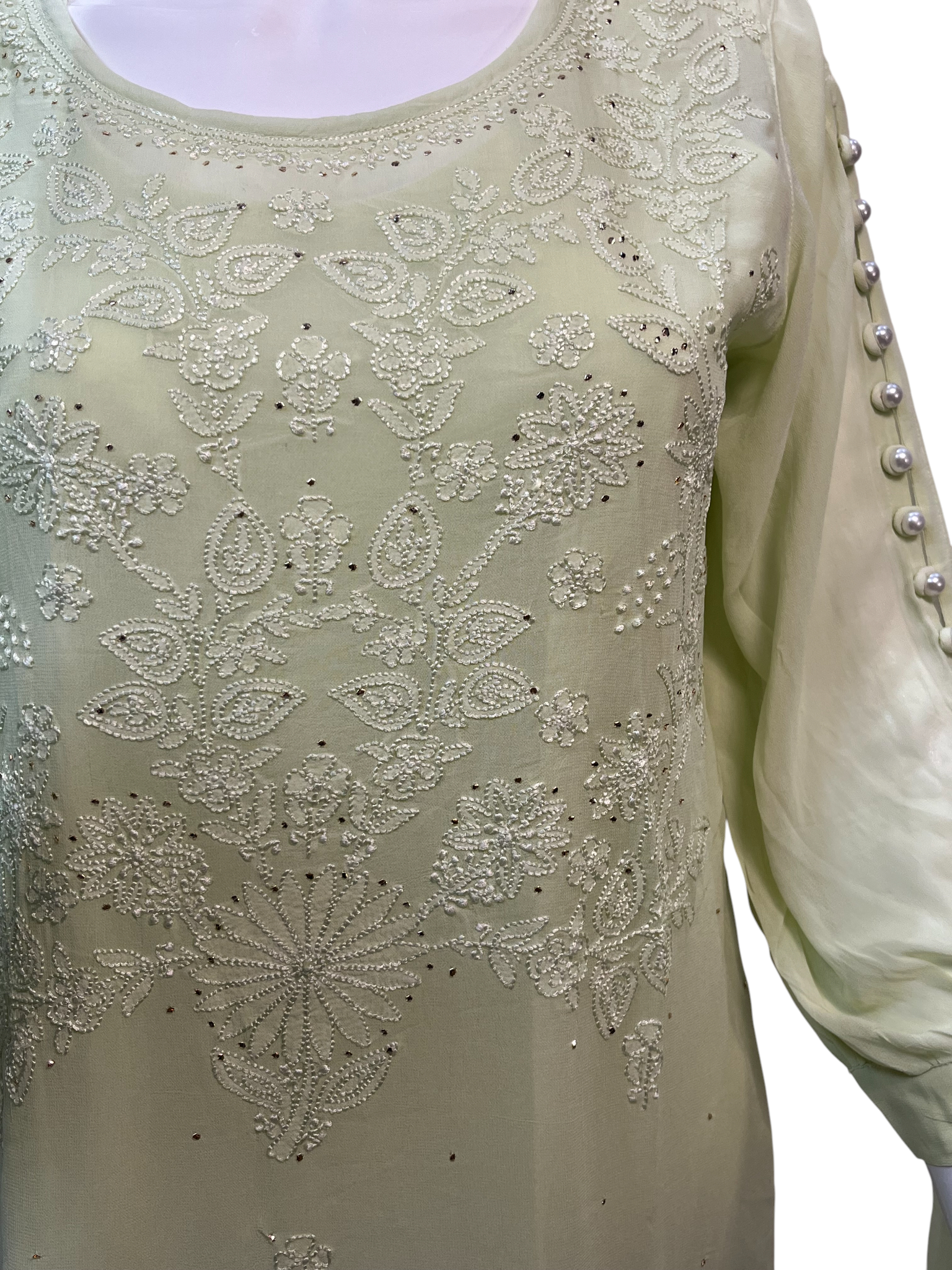 Hand Chikan Embroidery Pearl Sleeve Georgette Light Green Top - SHILVIKA