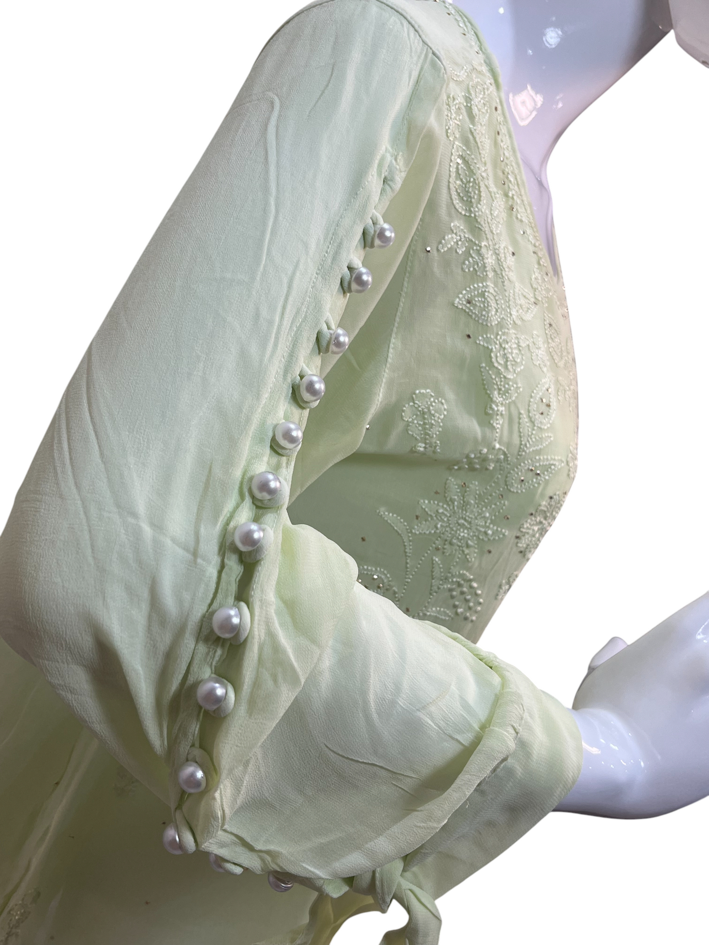Hand Chikan Embroidery Pearl Sleeve Georgette Light Green Top - SHILVIKA