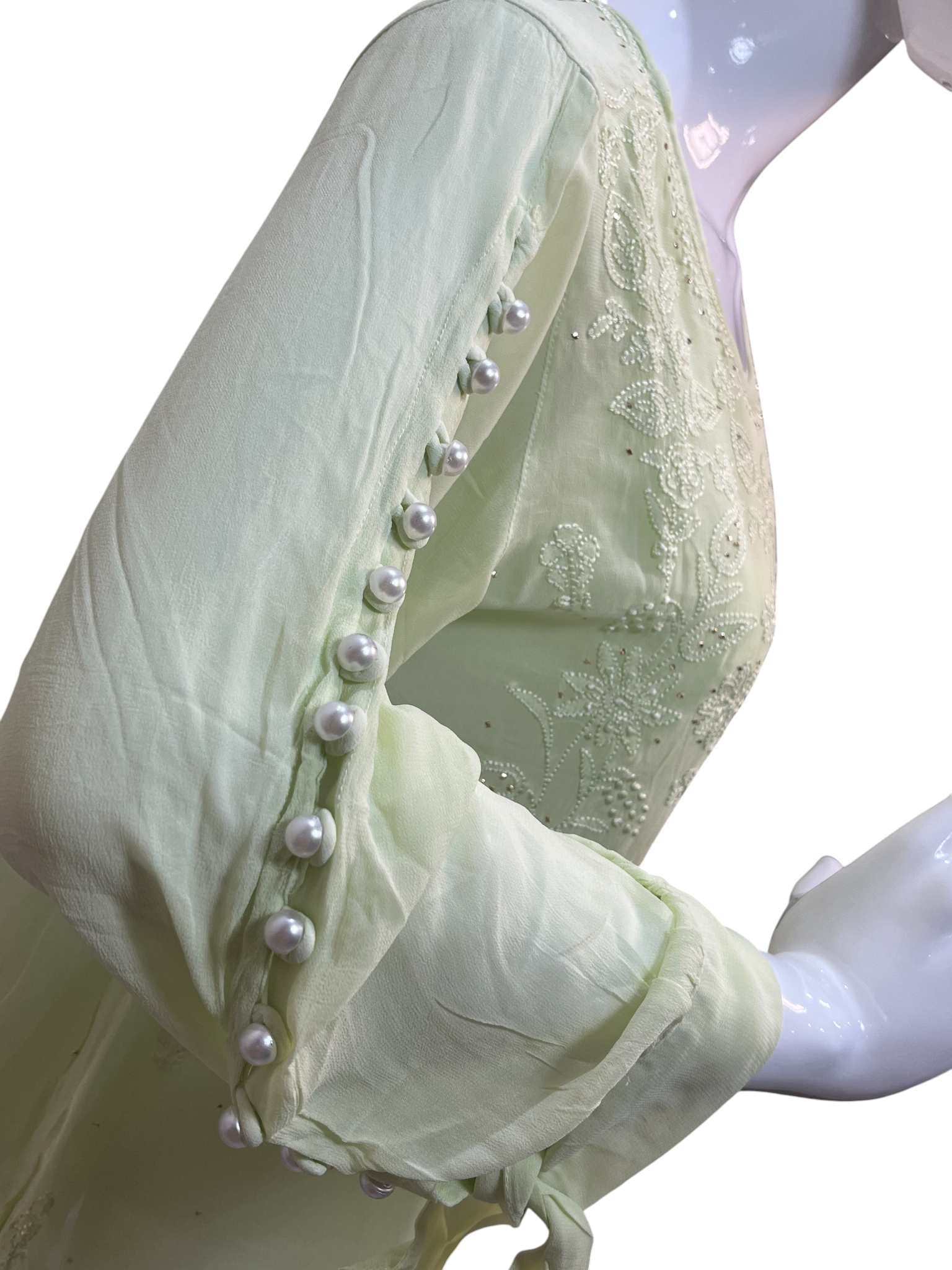 Hand Chikan Embroidery Pearl Sleeve Georgette Light Green Top - SHILVIKA